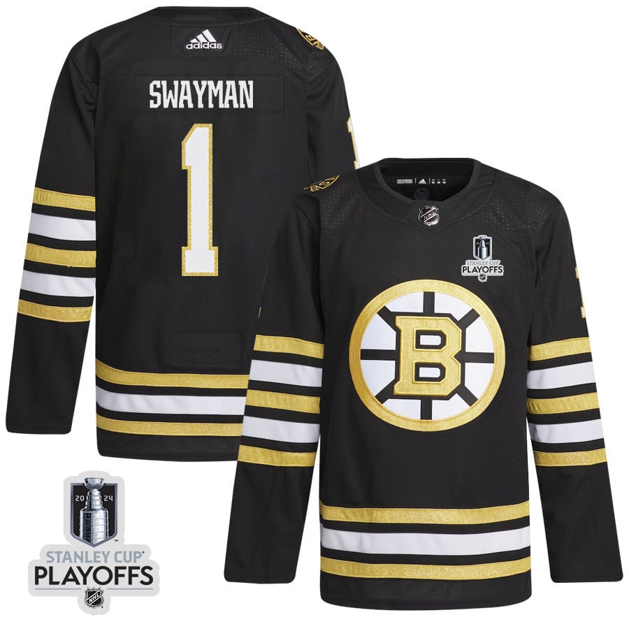 Jeremy Swayman 1 Boston Bruins 2024 Playoffs Patch Home Black NHL Jersey Men's