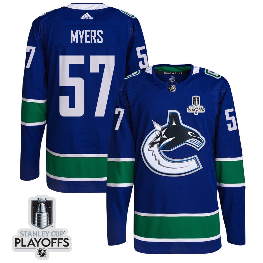 Tyler Myers 57 Vancouver Canucks 2024 Playoffs Patch Home Blue NHL Jersey Men's