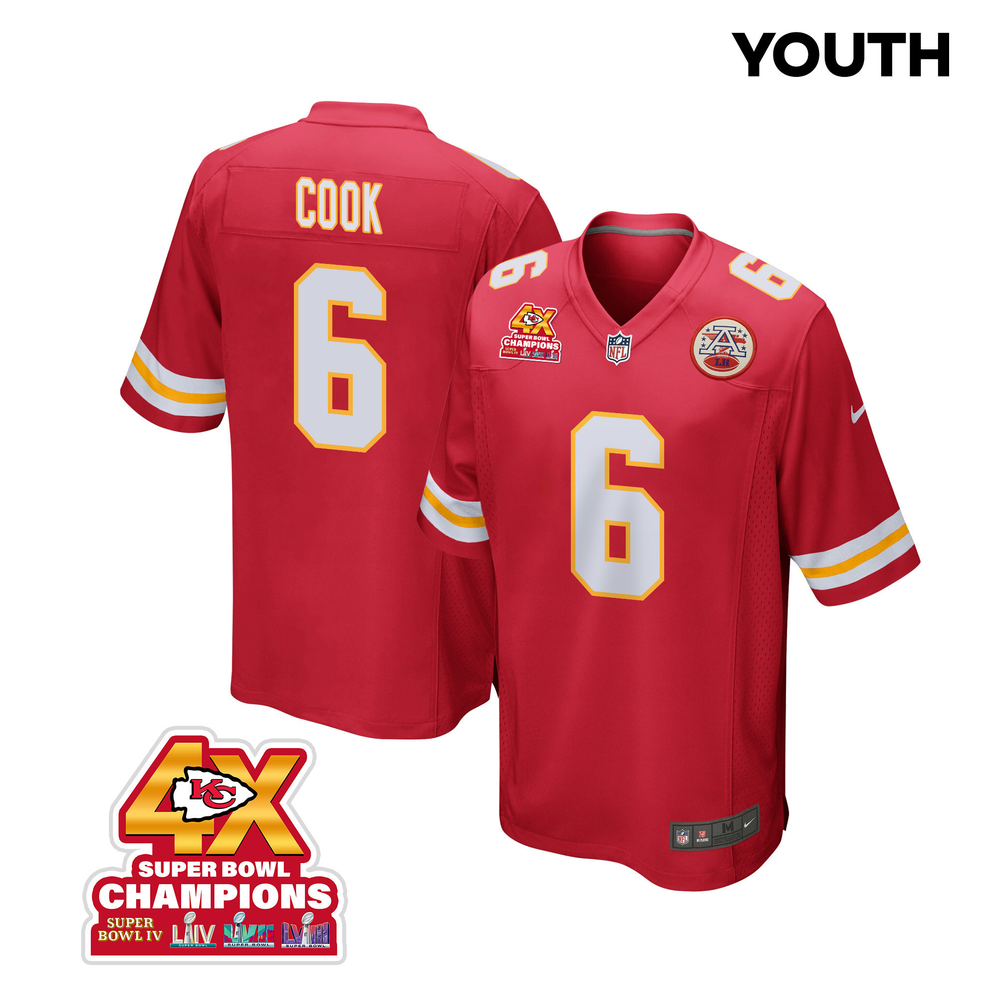 Bryan Cook 6 Kansas City Chiefs Super Bowl LVIII Champions 4X Game Red NFL Jersey Youth