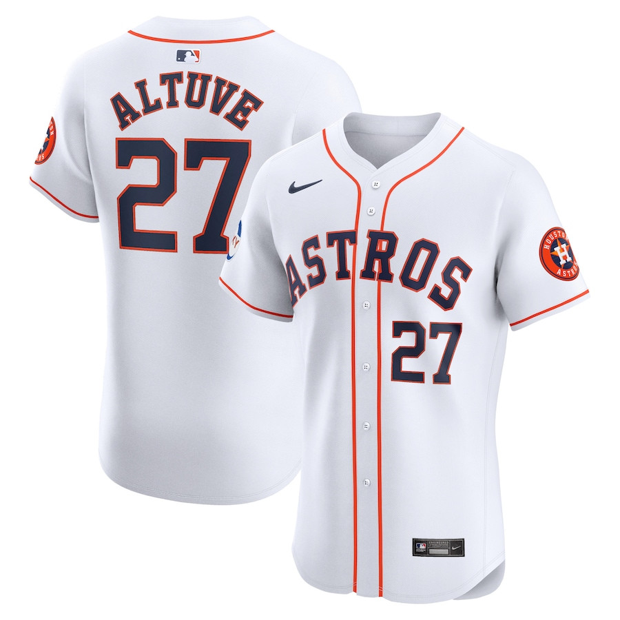 Jose Altuve 27 Houston Astros Home Elite Sponsor Patch Player White MLB Jersey Men's
