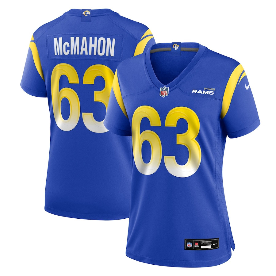 Dylan McMahon 63 Los Angeles Rams Team Game Royal NFL Jersey Women's