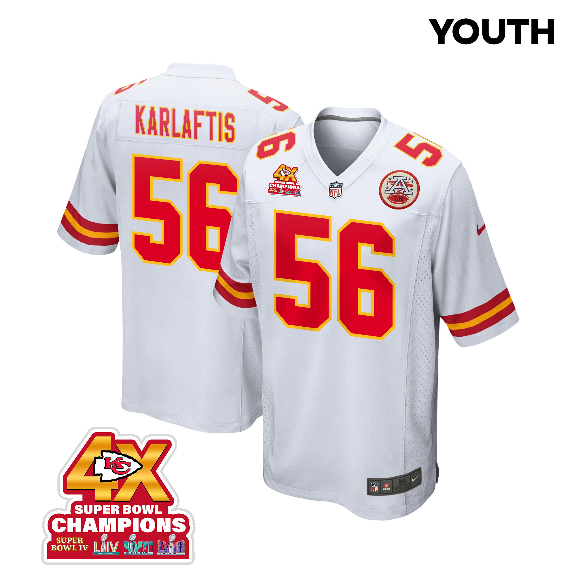 George Karlaftis 56 Kansas City Chiefs Super Bowl LVIII Champions 4X Game White NFL Jersey Youth