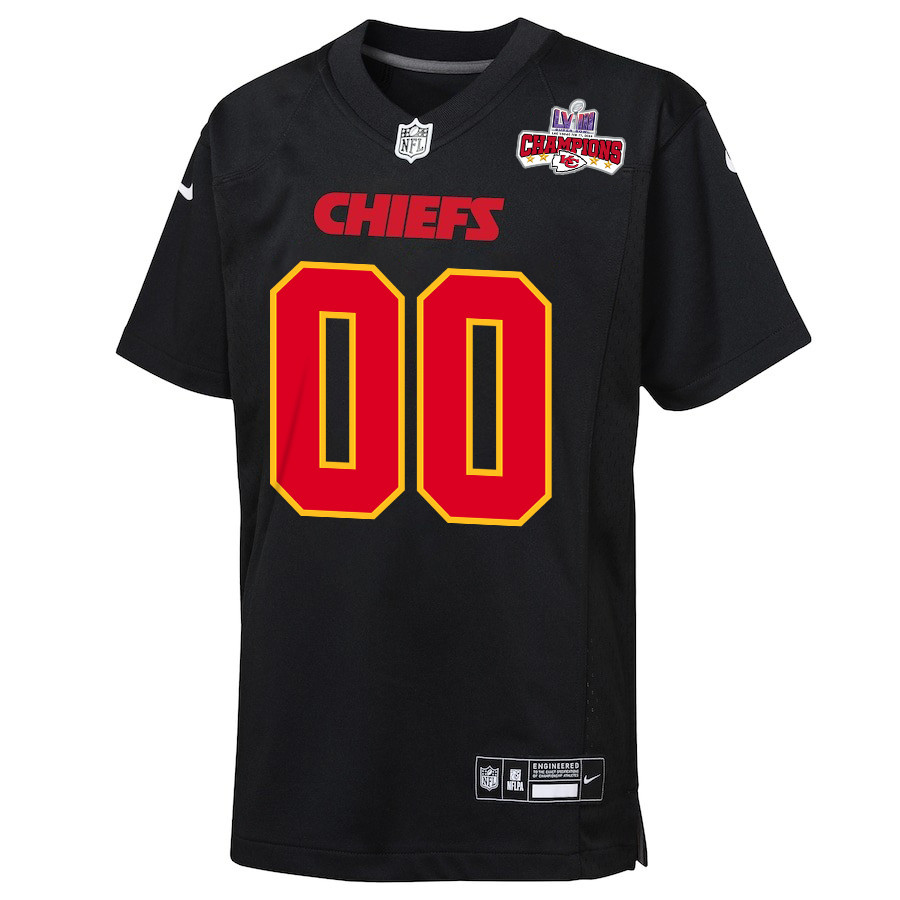 Kansas City Chiefs Super Bowl LVIII Champions 4 Stars Patch Fashion Game Custom Carbon Black NFL Jersey Youth