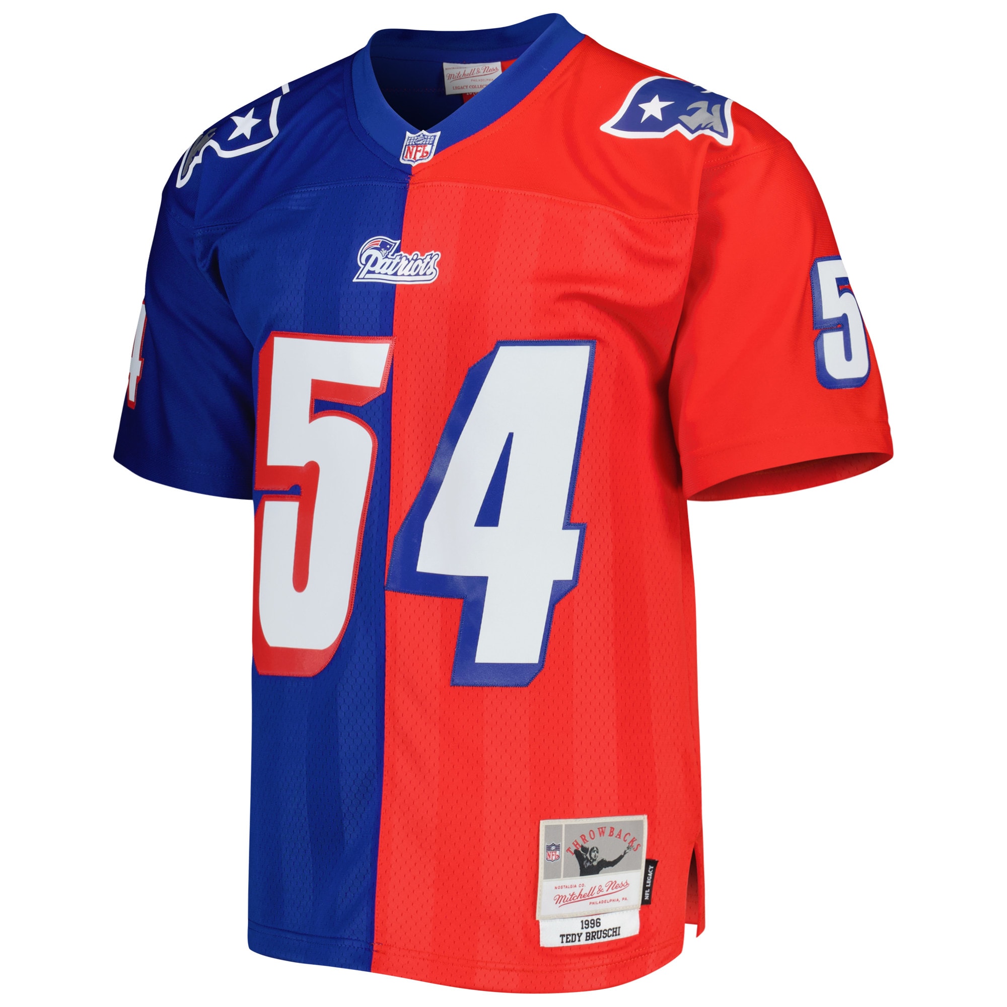New England Patriots Tedy Bruschi Mitchell Ness Royal/Red 1996 Split Legacy NFL Jersey Men's