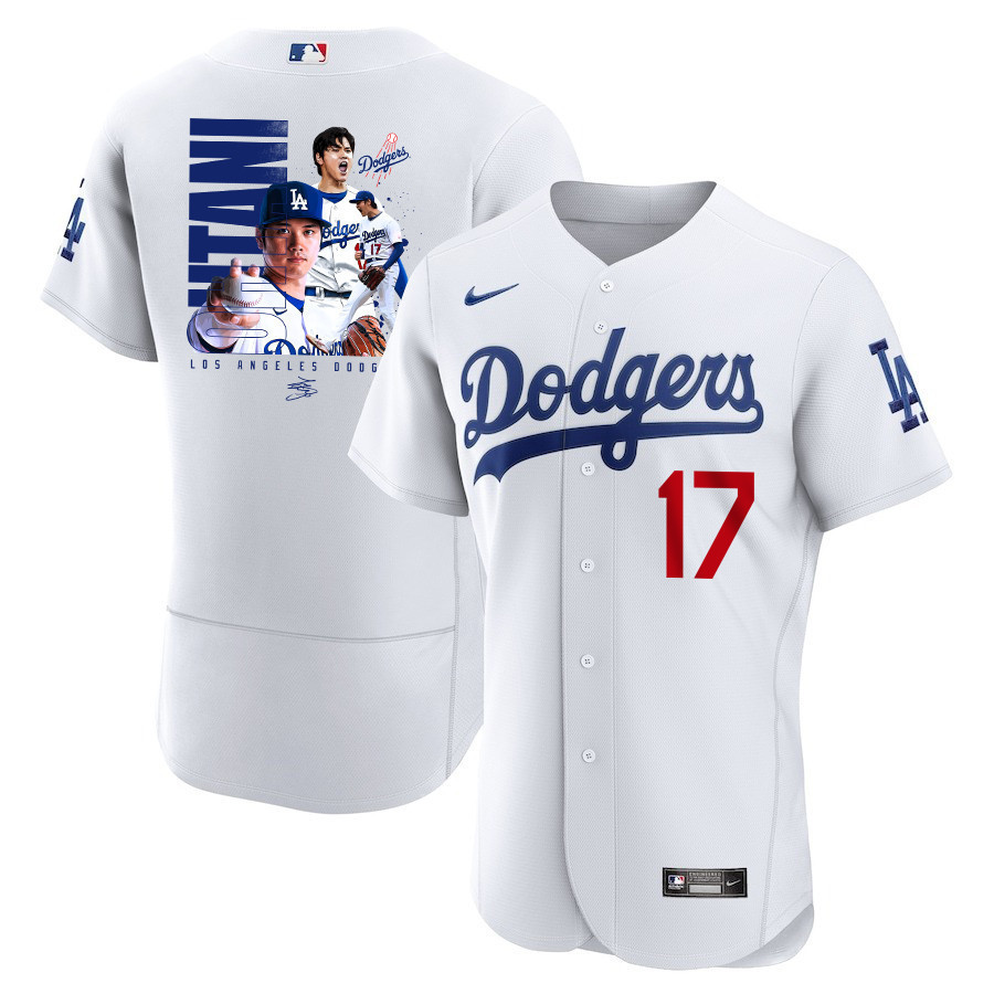 Shohei Ohtani 17 Los Angeles Dodgers Signed Name 2023 Home ELITE White MLB Jersey Men's