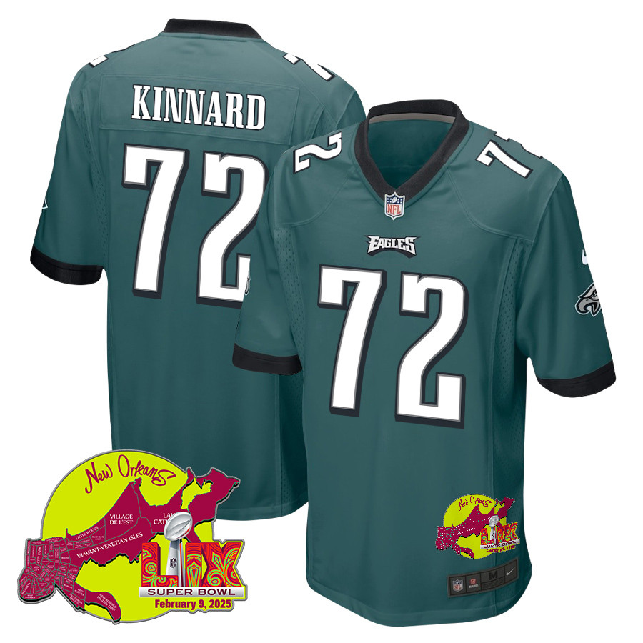 Darian Kinnard 72 Philadelphia Eagles Super Bowl LIX New Orleans Patch Game Midnight Green NFL Jersey Men's