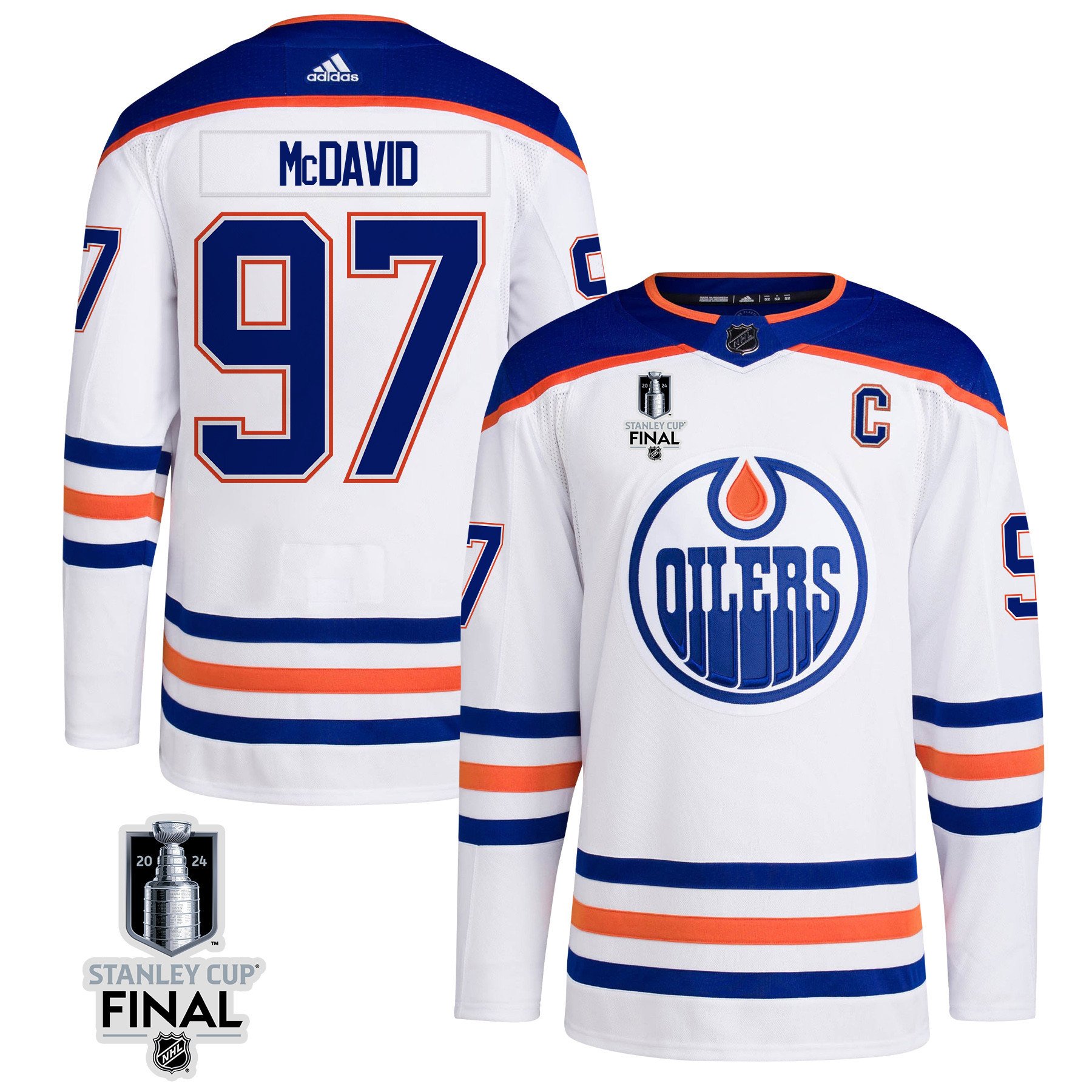 Connor McDavid 97 Edmonton Oilers 2024 STANLEY CUP Final Away White NHL Jersey Men's