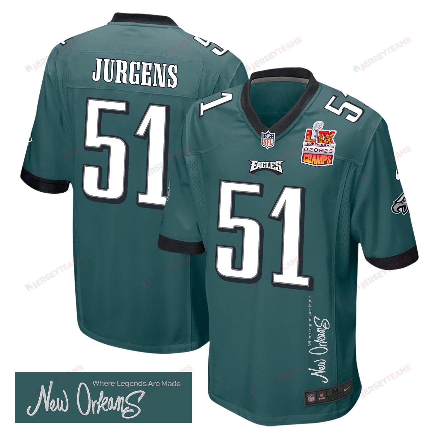 Cam Jurgens 51 Philadelphia Eagles Super Bowl LIX Champions Patch New Orleans Where Legends Are Made' EMBROIDERED Game Midnight Green NFL Jersey Men's
