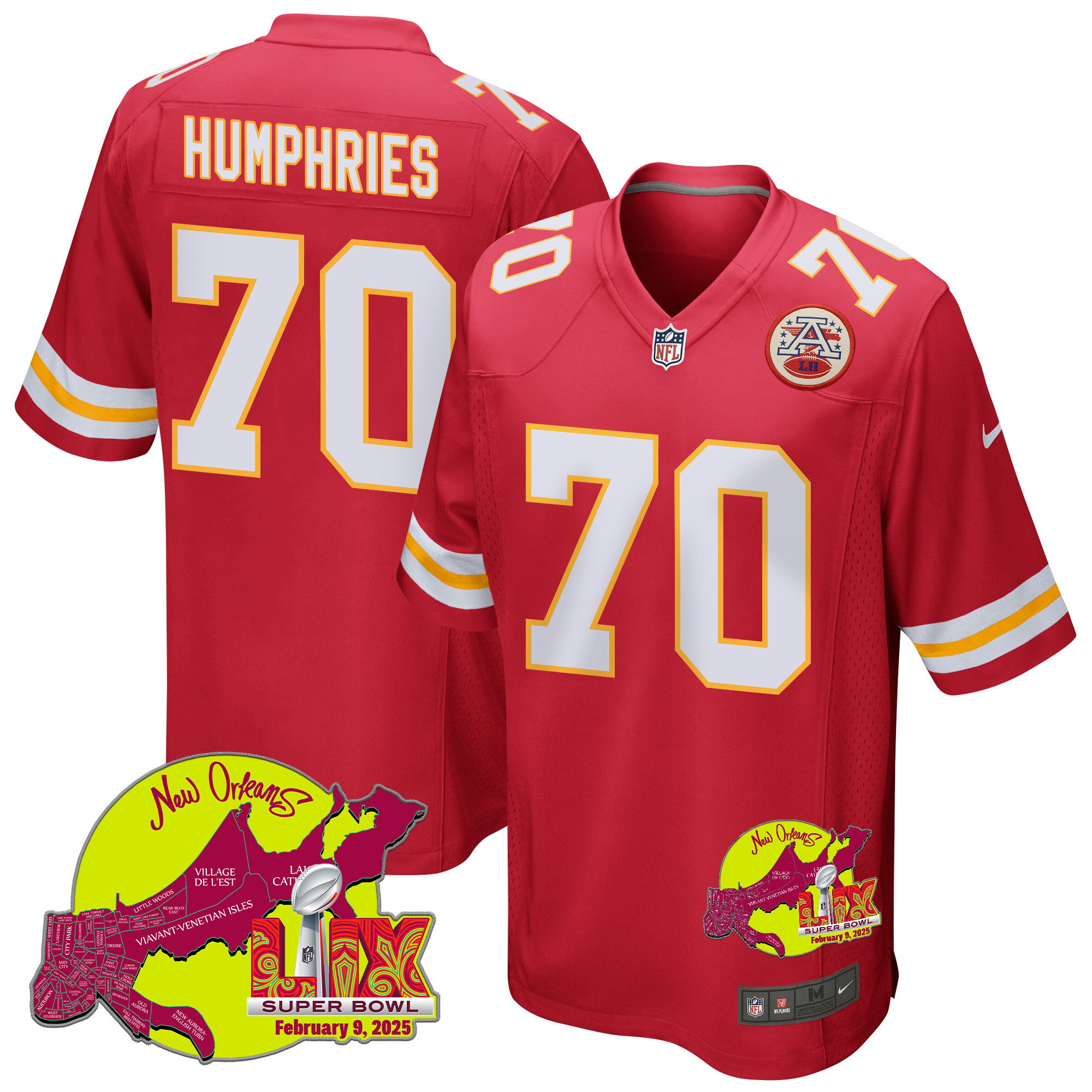 D.J. Humphries 70 Kansas City Chiefs Super Bowl LIX New Orleans Patch Game Red NFL Jersey Men's
