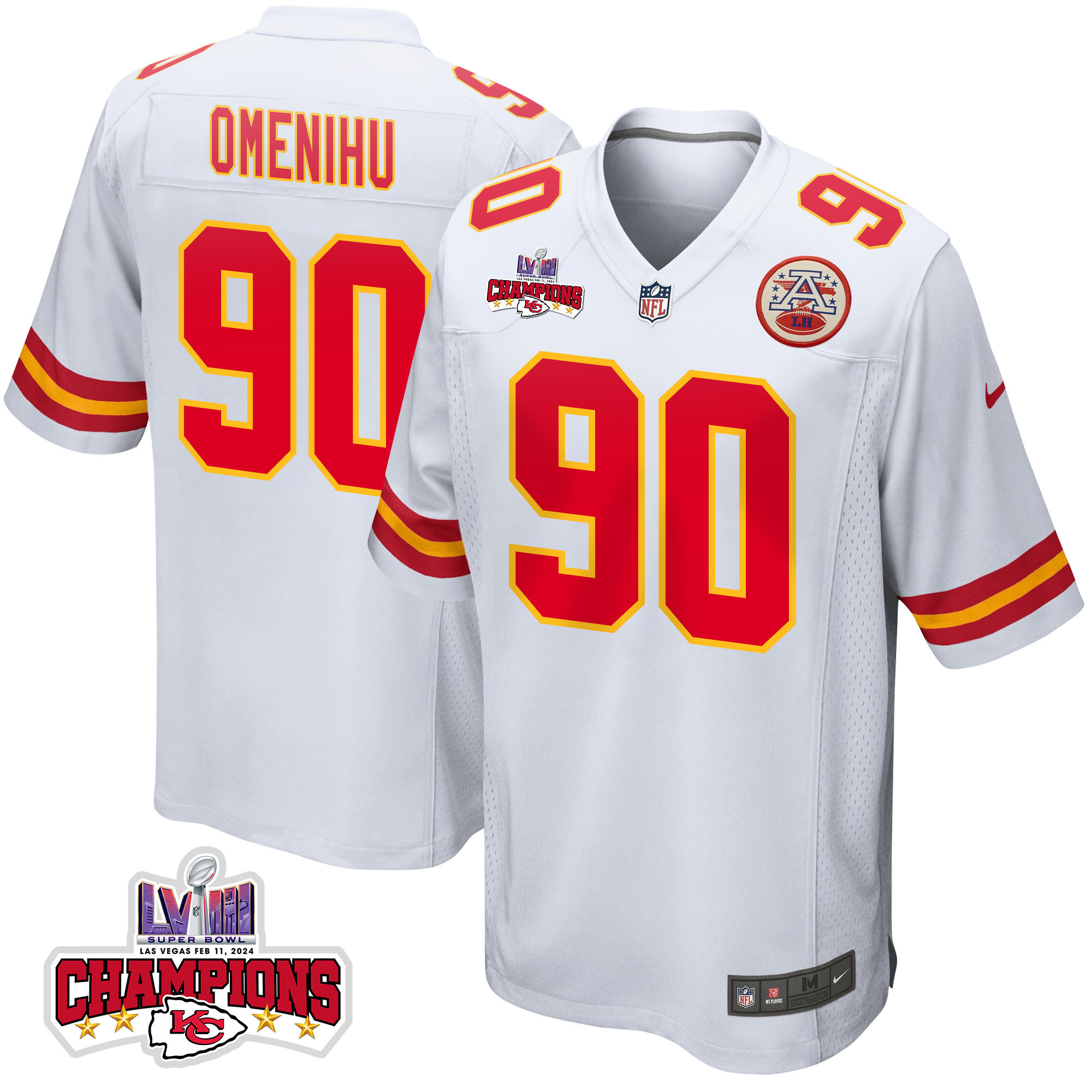Charles Omenihu 90 Kansas City Chiefs Super Bowl LVIII Champions 4 Stars Patch Game White NFL Jersey Men's