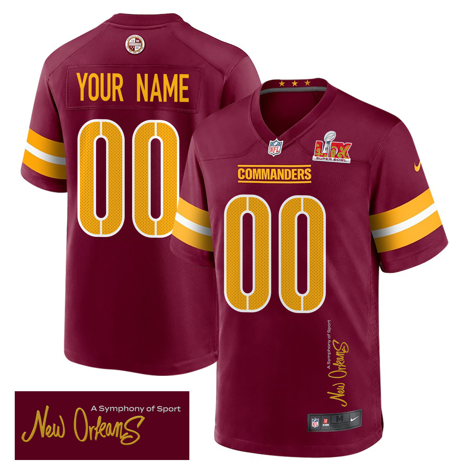 Washington Commanders Super Bowl LIX New Orleans A Symphony of Sport' EMBROIDERED Game Custom Burgundy NFL Jersey Men's