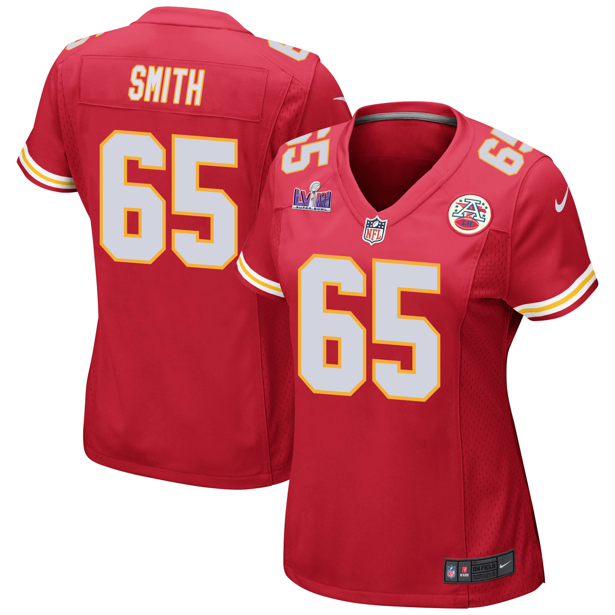 Trey Smith 65 Kansas City Chiefs Super Bowl LVIII Patch Game Red NFL Jersey Women's