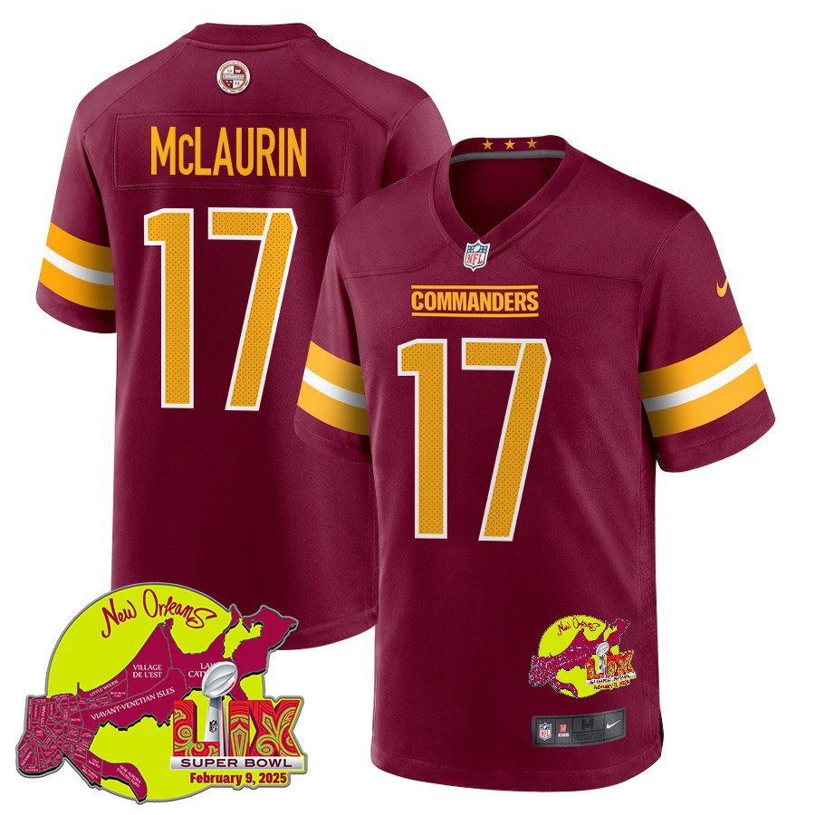 Terry McLaurin 17 Washington Commanders Super Bowl LIX New Orleans Patch Game Burgundy NFL Jersey Men's