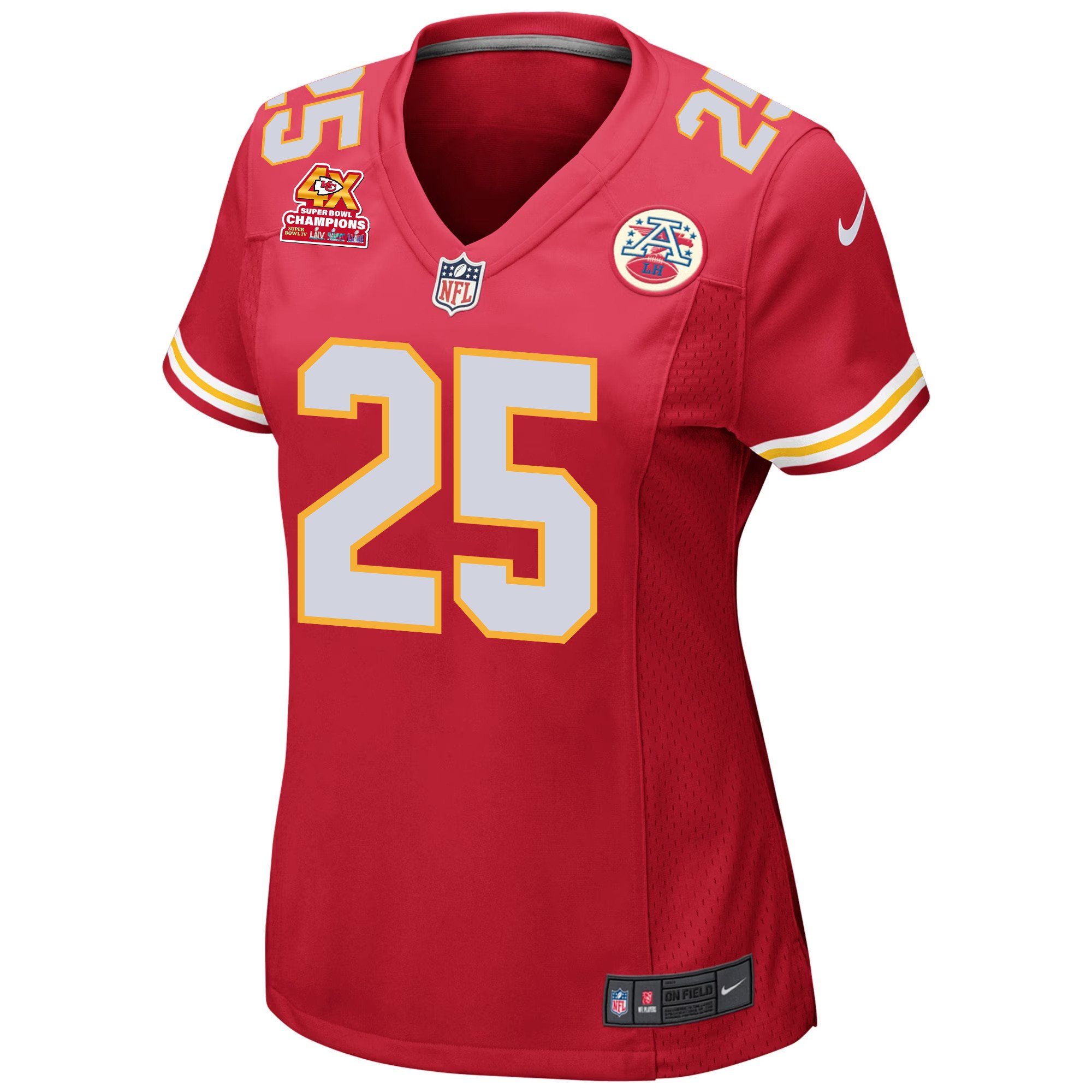 Clyde Edwards-Helaire 25 Kansas City Chiefs Super Bowl LVIII Champions 4X Game Red NFL Jersey Women's