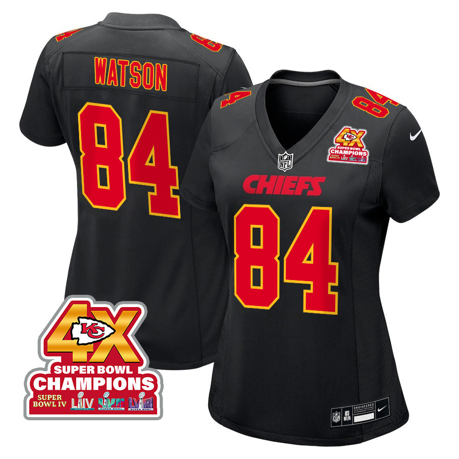 Justin Watson 84 Kansas City Chiefs Super Bowl LVIII Champions 4X Fashion Game Carbon Black NFL Jersey Women's