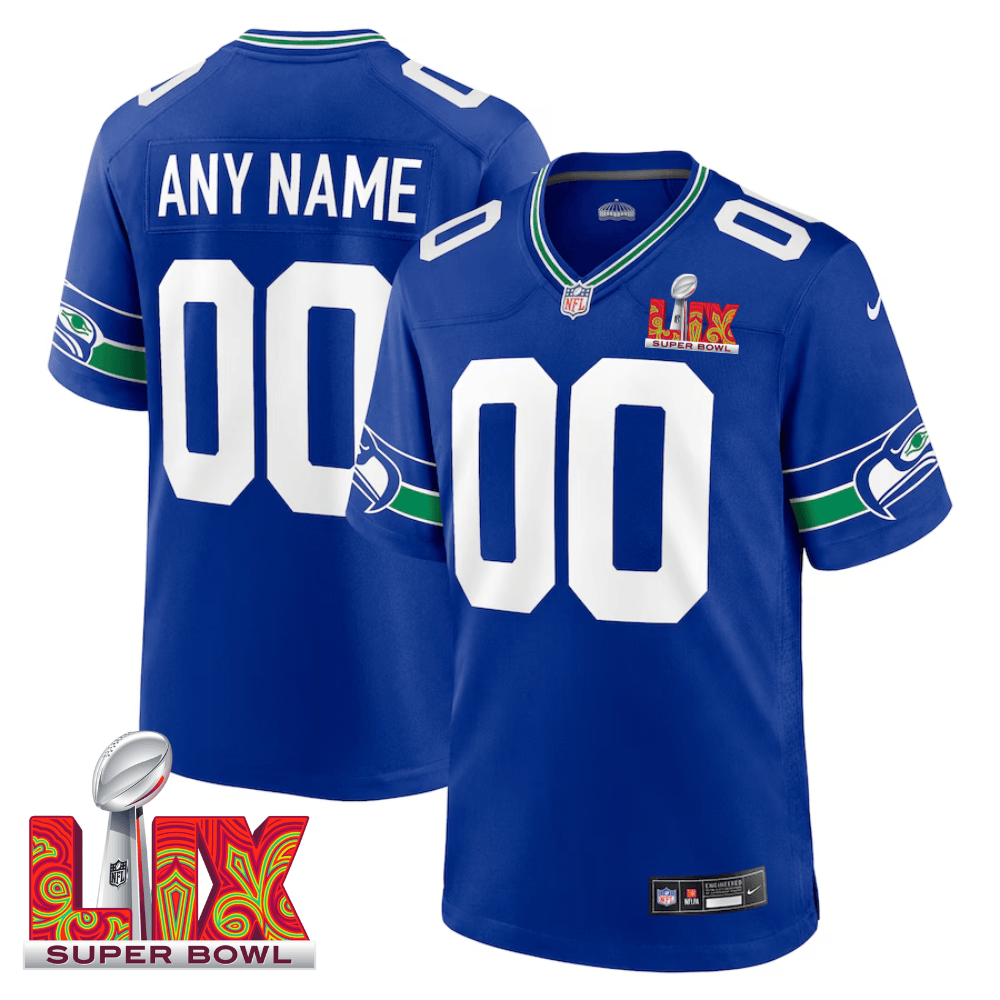 Seattle Seahawks Super Bowl LIX Patch Throwback Game Custom Royal NFL Jersey Men's