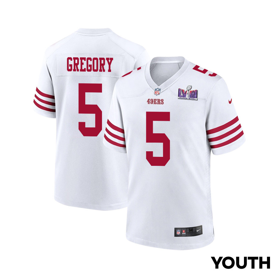 Randy Gregory 5 San Francisco 49ers Super Bowl LVIII Patch Game White NFL Jersey Youth