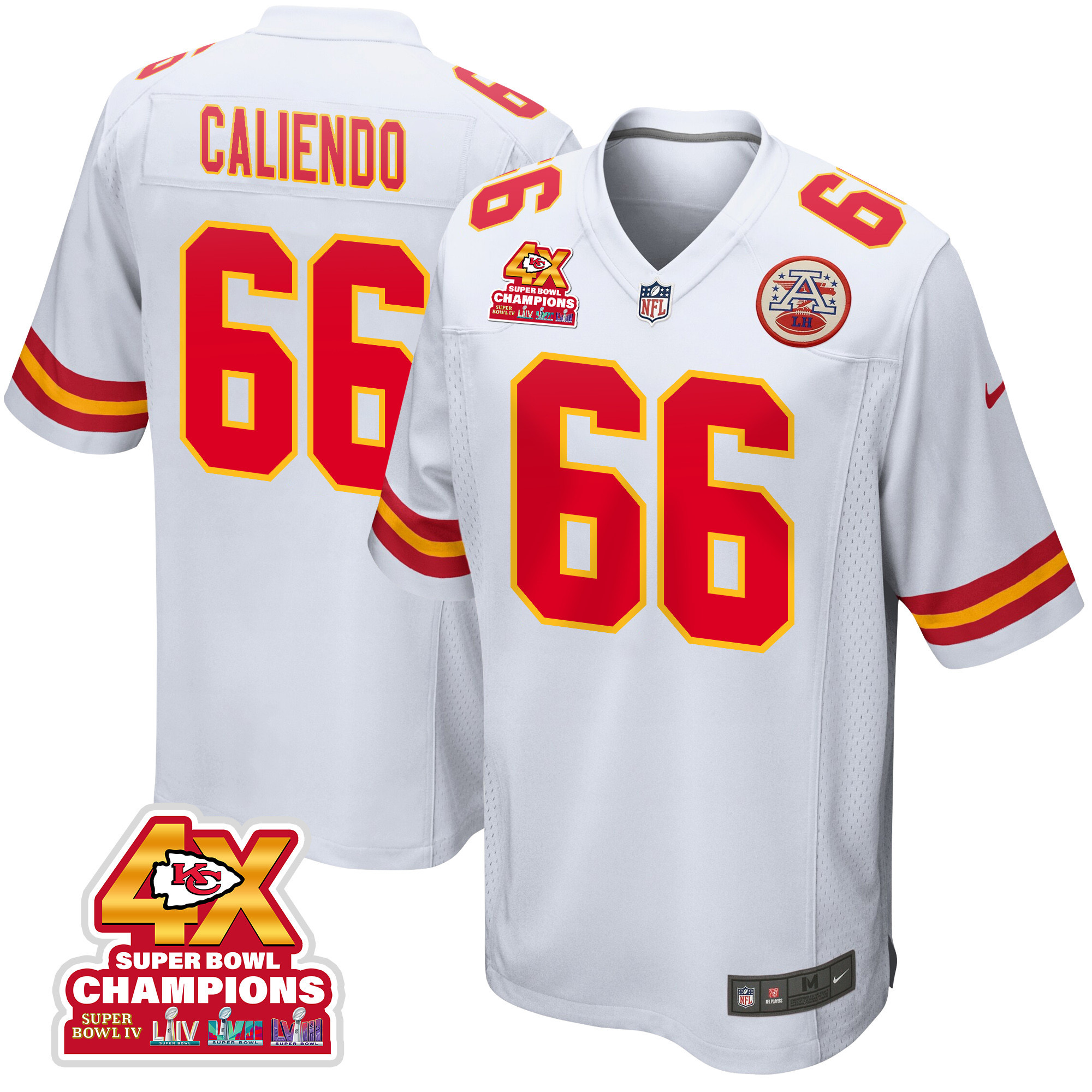 Mike Caliendo 66 Kansas City Chiefs Super Bowl LVIII Champions 4X Game White NFL Jersey Men's