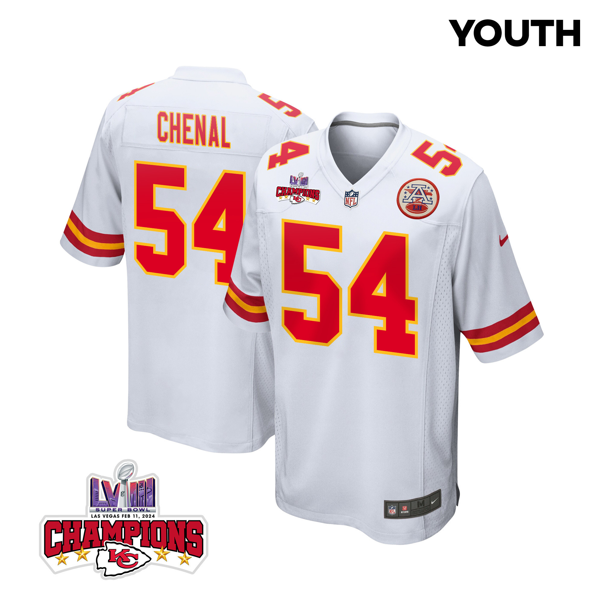 Leo Chenal 54 Kansas City Chiefs Super Bowl LVIII Champions 4 Stars Patch Game White NFL Jersey Youth