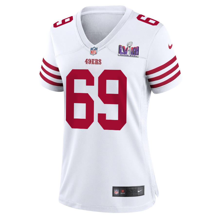 Spencer Waege 69 San Francisco 49ers Super Bowl LVIII Patch Game White NFL Jersey Women's