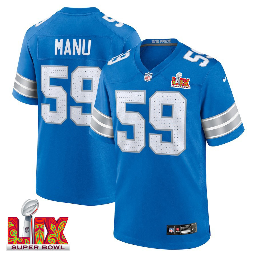 Giovanni Manu #59 Detroit Lions Super Bowl LIX Blue NFL Jersey Men's