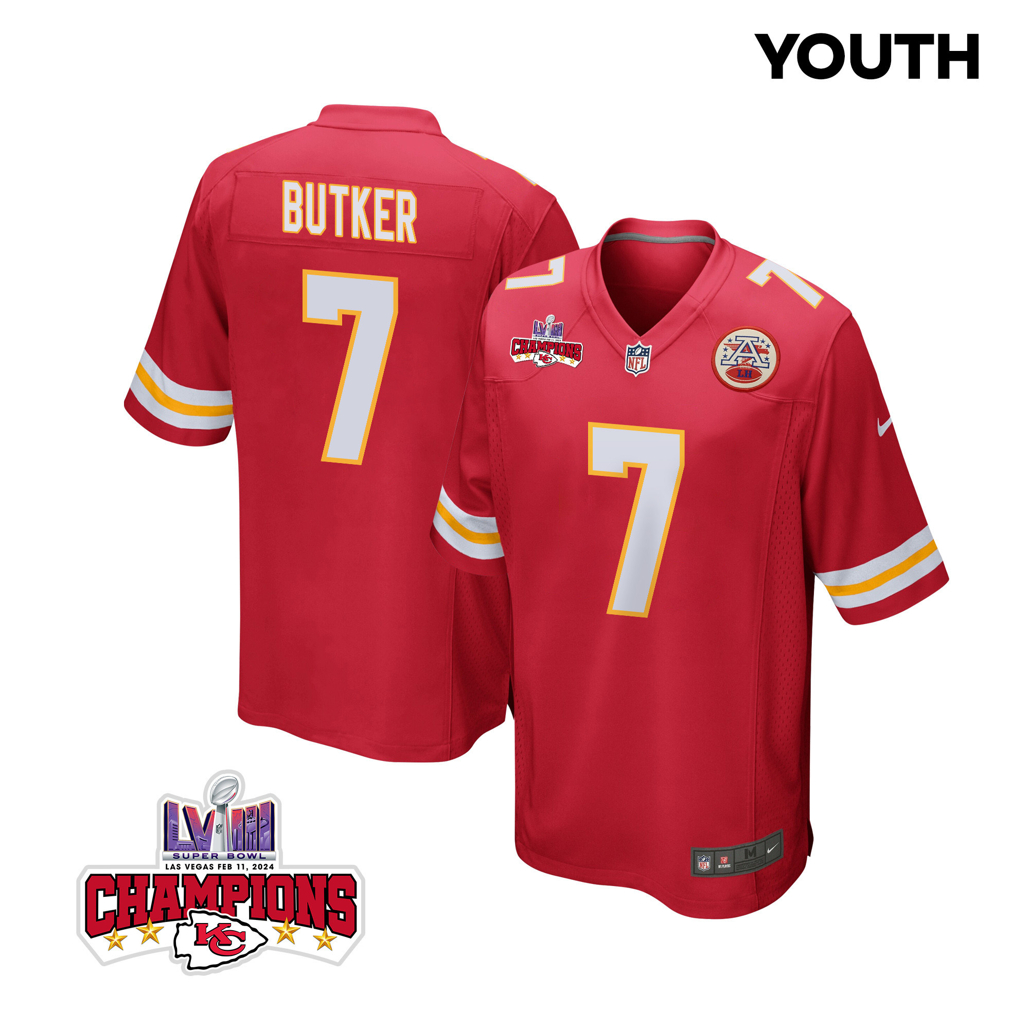 Harrison Butker 7 Kansas City Chiefs Super Bowl LVIII Champions 4 Stars Patch Game Red NFL Jersey Youth