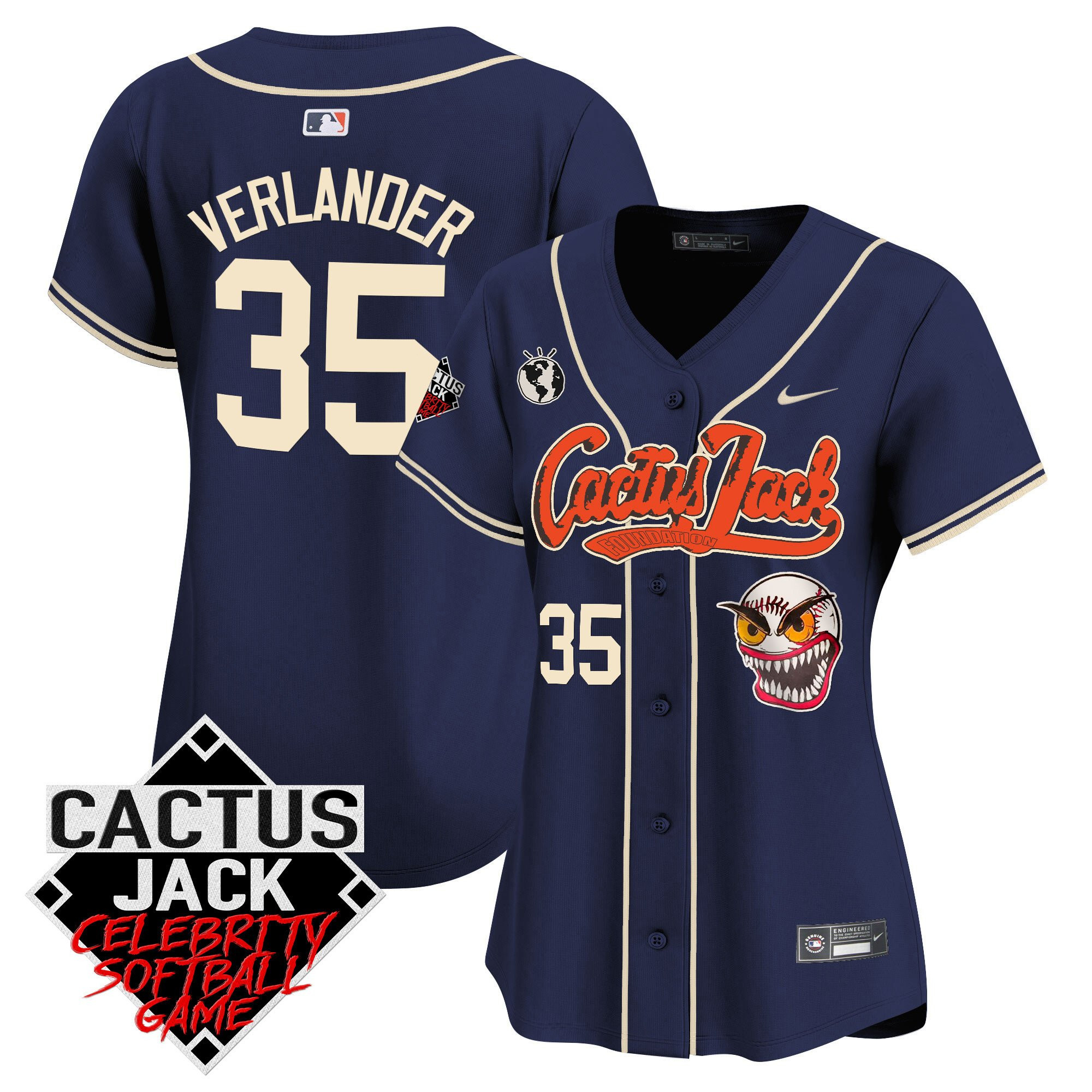 Justin Verlander 35 Houston Astros Cactus Jack Celebrity Softball Game Patch Navy MLB Jersey Women's