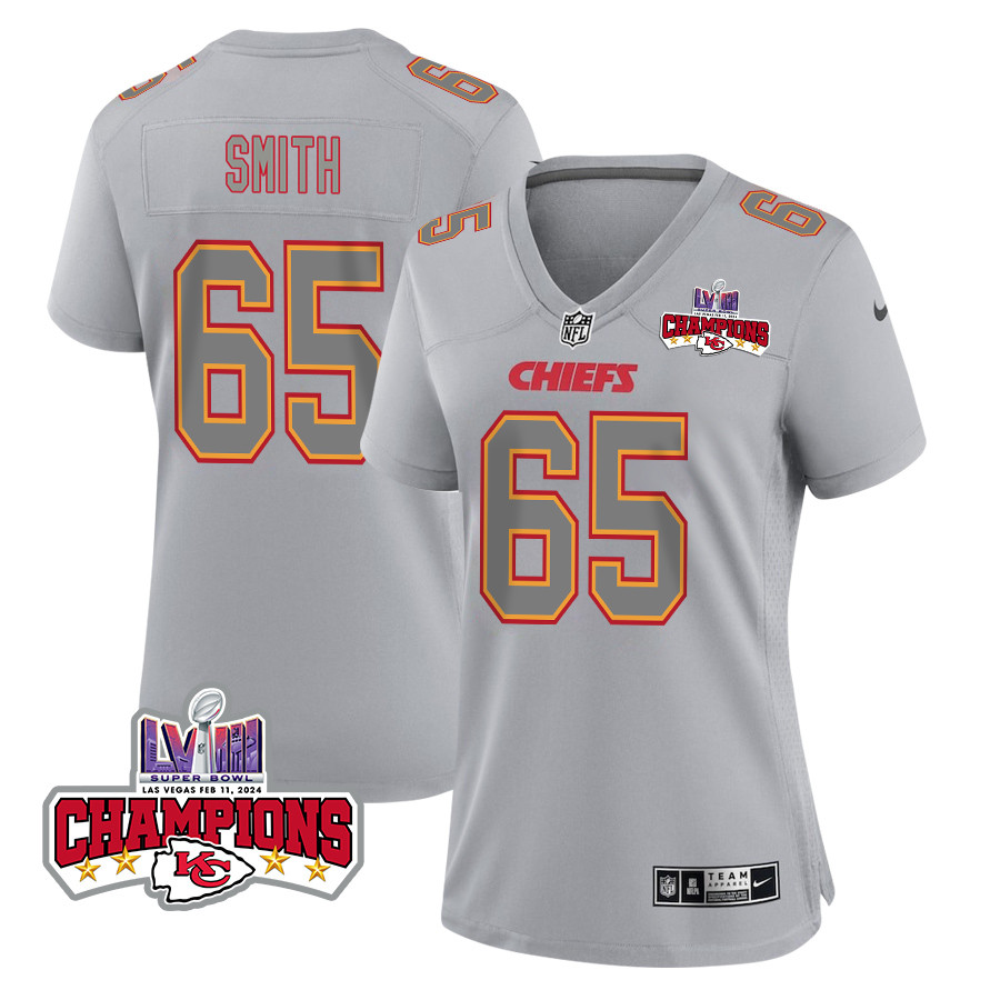 Trey Smith 65 Kansas City Chiefs Super Bowl LVIII Champions 4 Stars Patch Atmosphere Fashion Game Gray NFL Jersey Women's