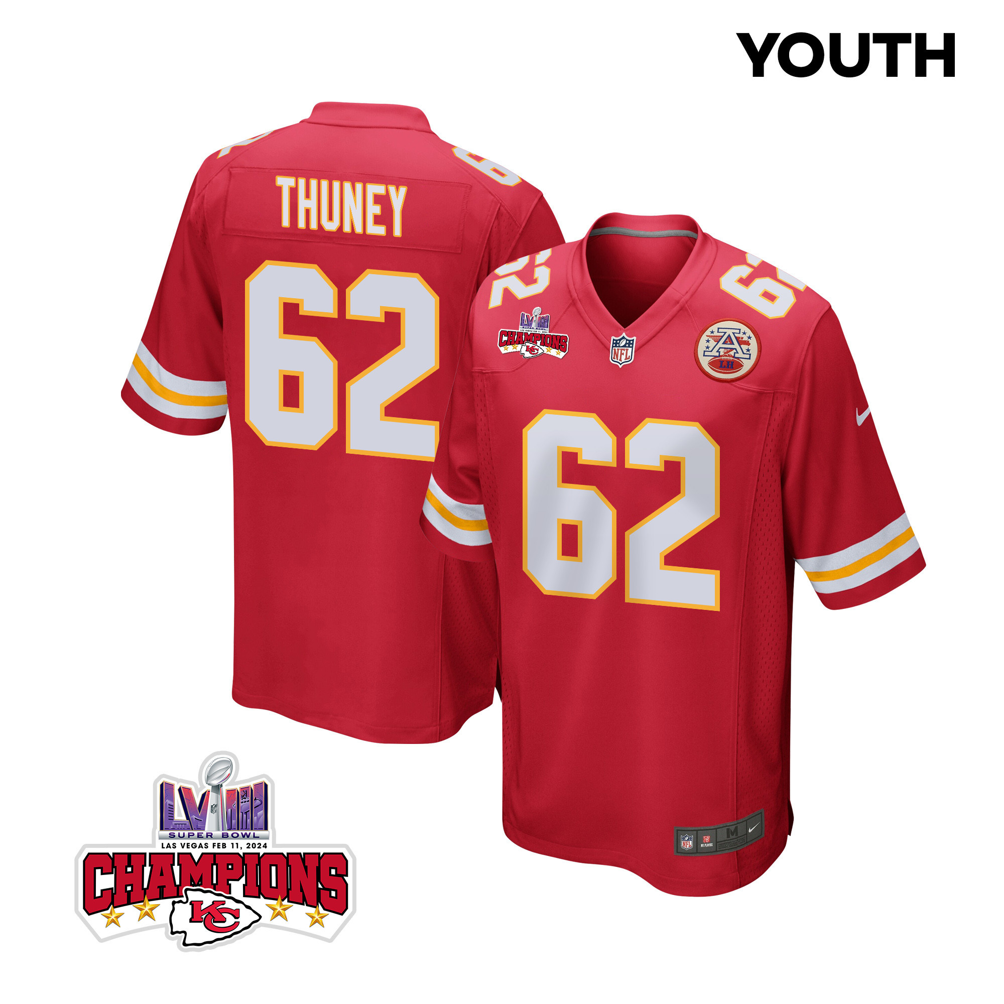 Joe Thuney 62 Kansas City Chiefs Super Bowl LVIII Champions 4 Stars Patch Game Red NFL Jersey Youth