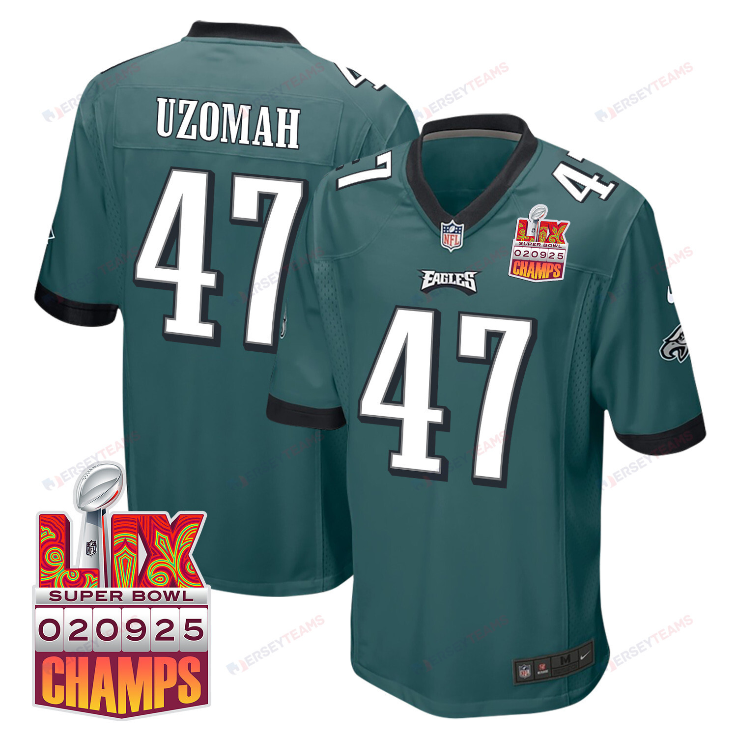 C.J. Uzomah 47 Philadelphia Eagles Super Bowl LIX Champions Patch Game Midnight Green NFL Jersey Men's