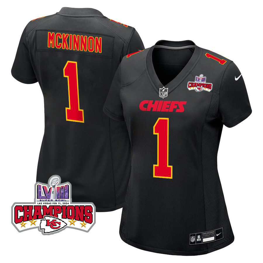 Jerick McKinnon 1 Kansas City Chiefs Super Bowl LVIII Champions 4 Stars Patch Fashion Game Carbon Black NFL Jersey Women's