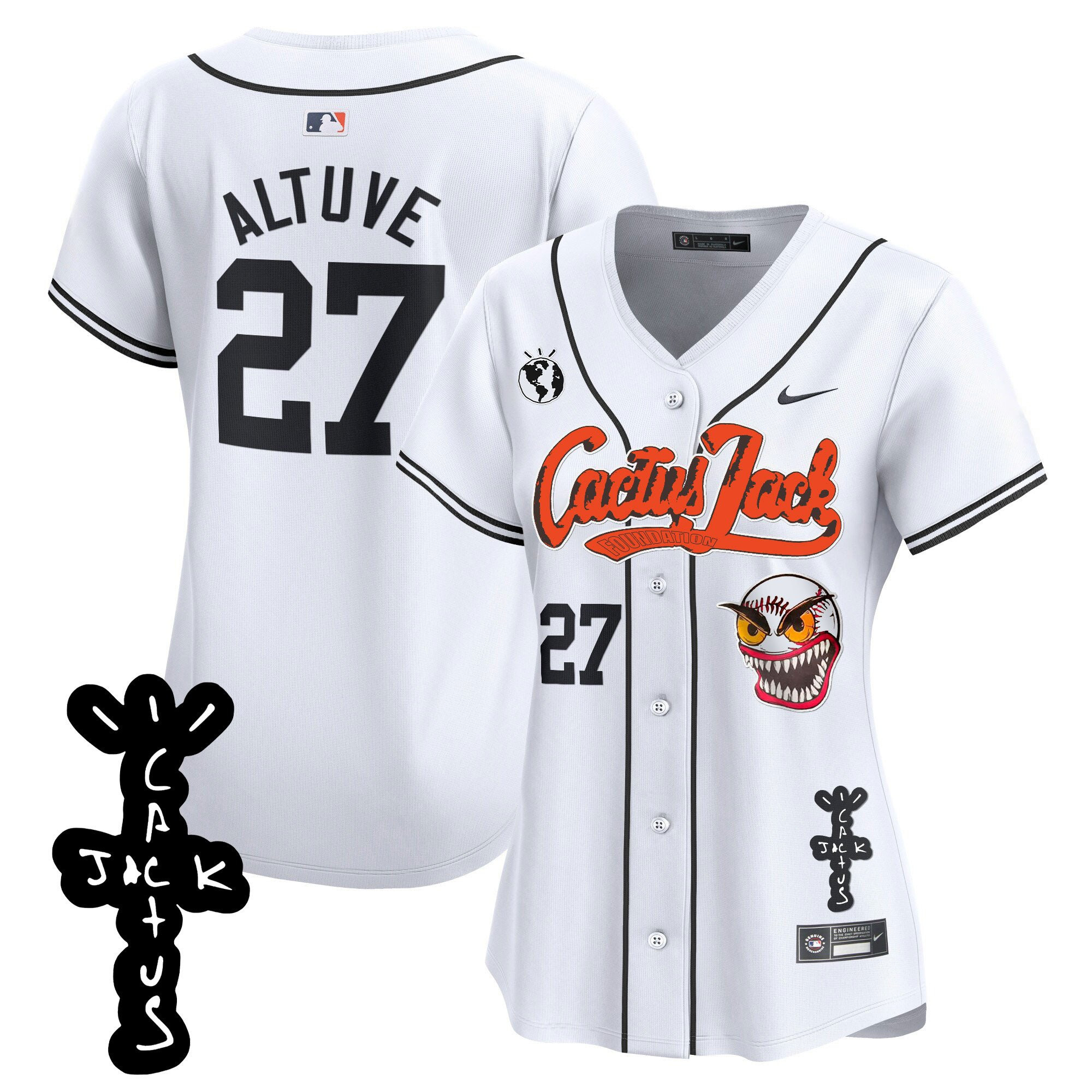 Jose Altuve 27 Houston Astros Cactus Jack Patch V2 White MLB Jersey Women's