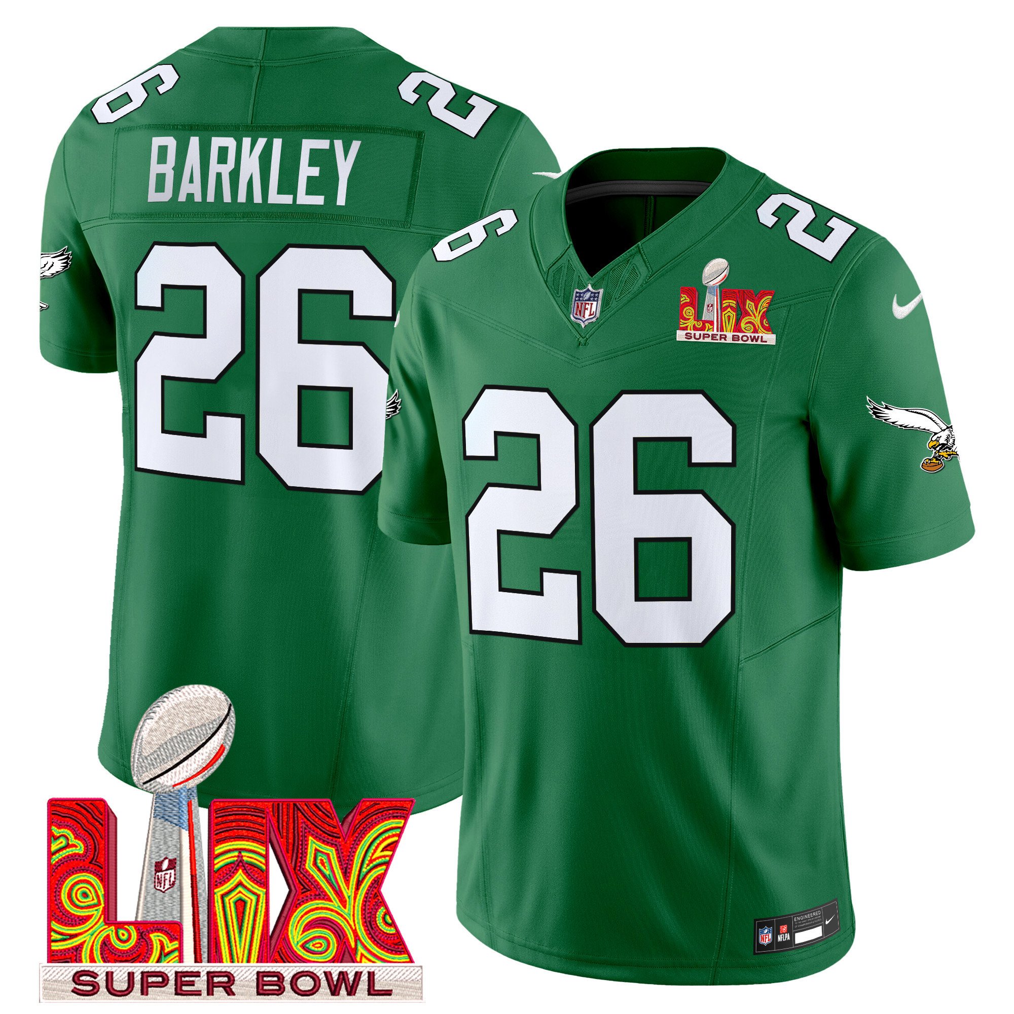Saquon Barkley 26 Philadelphia Eagles Kelly Green Super Bowl Champions LIX Patch Vapor Limited Kelly Green NFL Jersey Men's