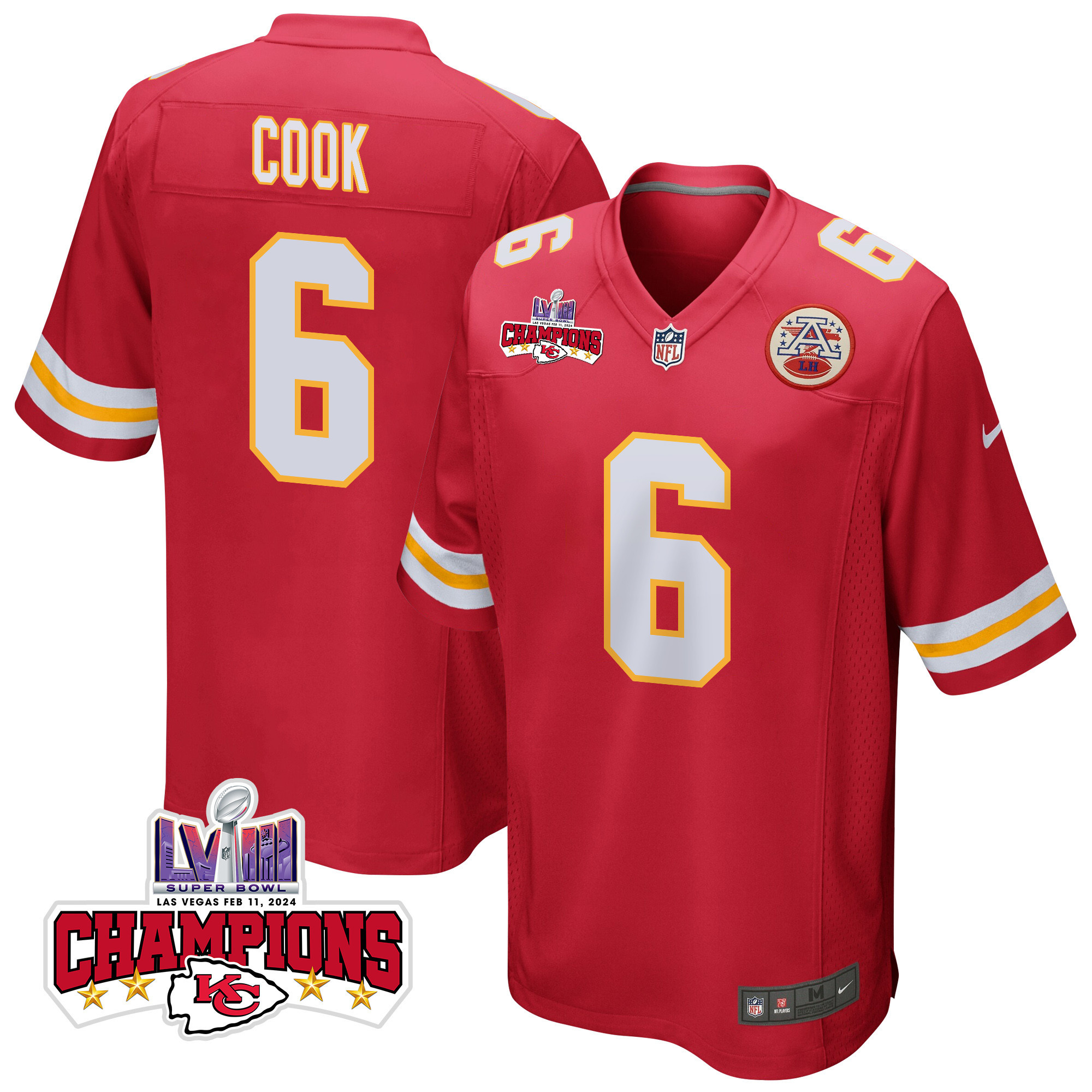 Bryan Cook 6 Kansas City Chiefs Super Bowl LVIII Champions 4 Stars Patch Game Red NFL Jersey Men's