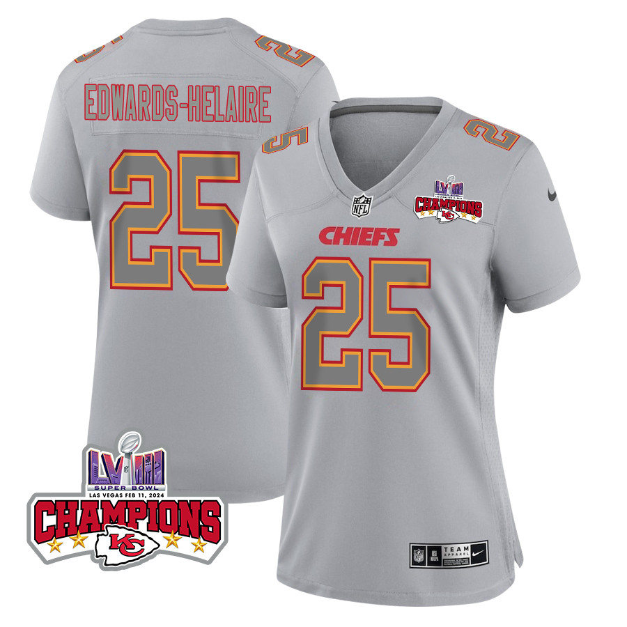 Clyde Edwards-Helaire 25 Kansas City Chiefs Super Bowl LVIII Champions 4 Stars Patch Atmosphere Fashion Game Gray NFL Jersey Women's