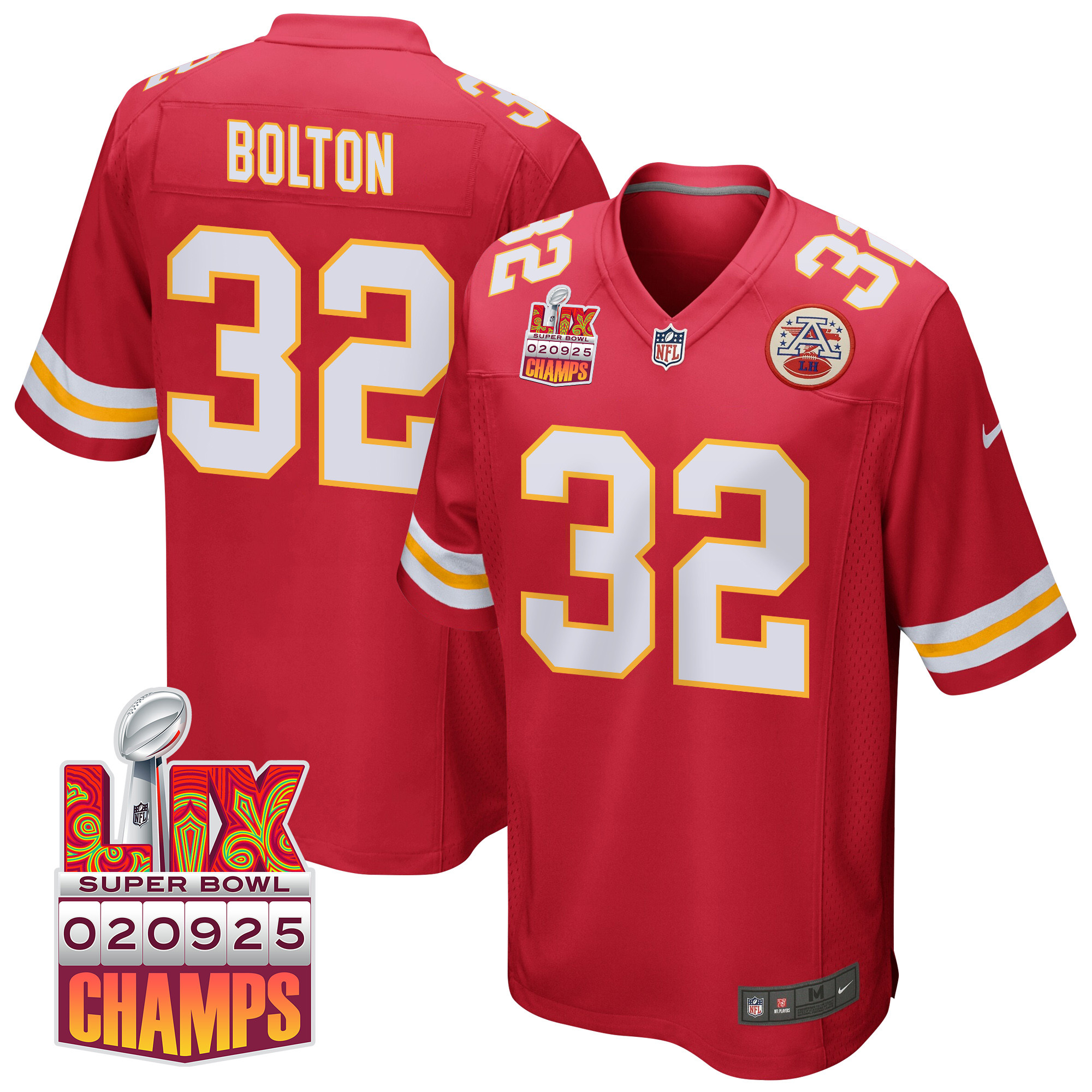 Nick Bolton 32 Kansas City Chiefs Super Bowl LIX Champions Patch Game Red NFL Jersey Men's