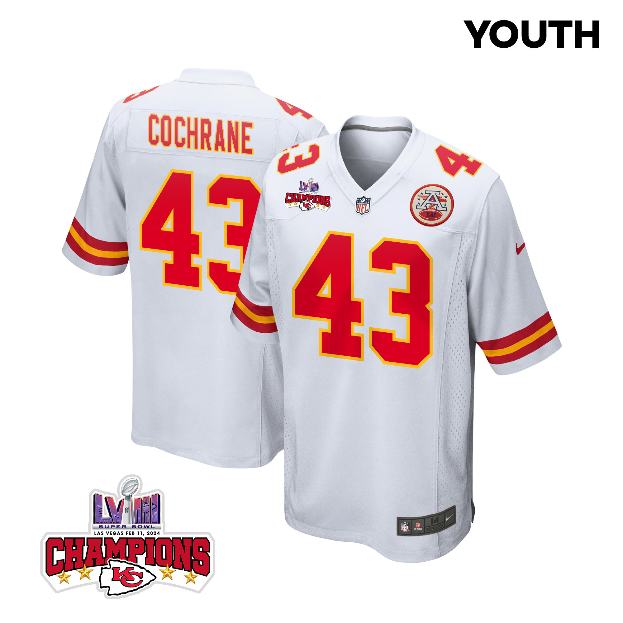 Jack Cochrane 43 Kansas City Chiefs Super Bowl LVIII Champions 4 Stars Patch Game White NFL Jersey Youth