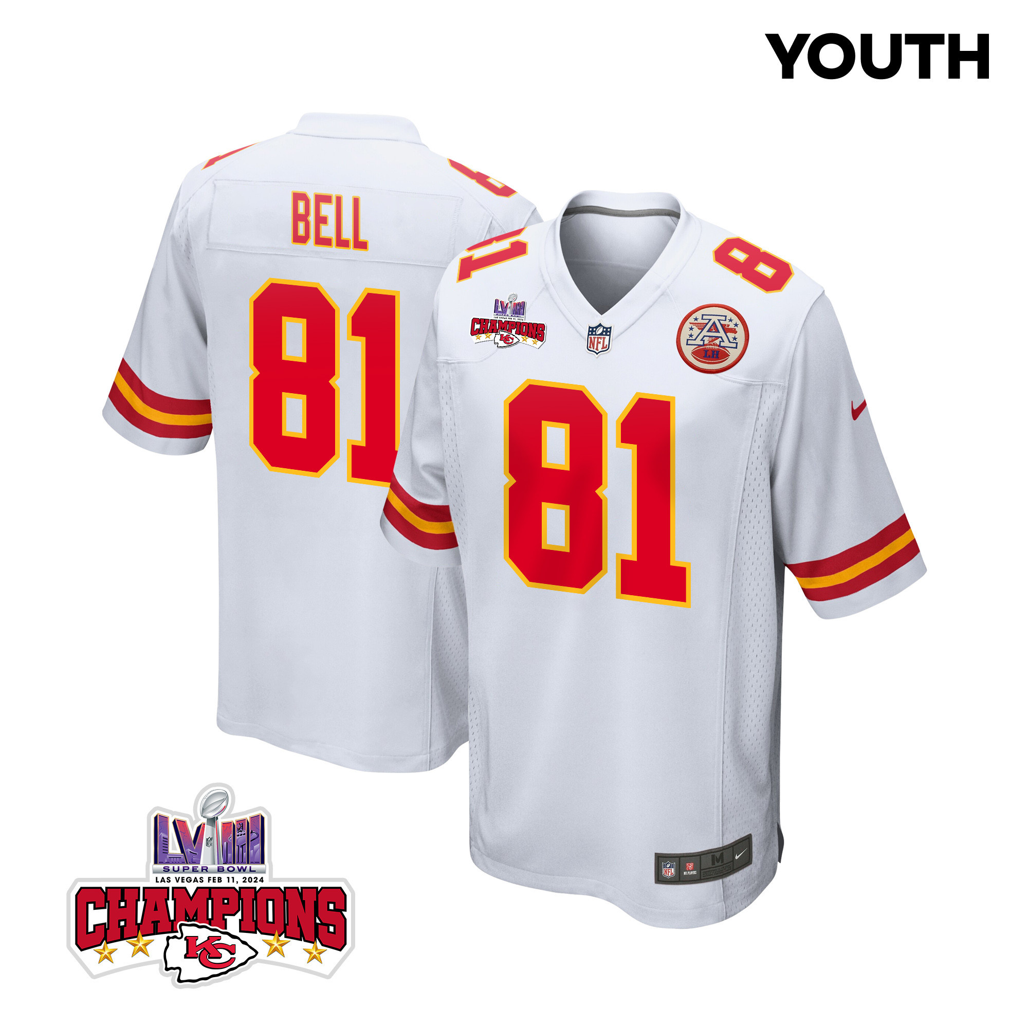 Blake Bell 81 Kansas City Chiefs Super Bowl LVIII Champions 4 Stars Patch Game White NFL Jersey Youth
