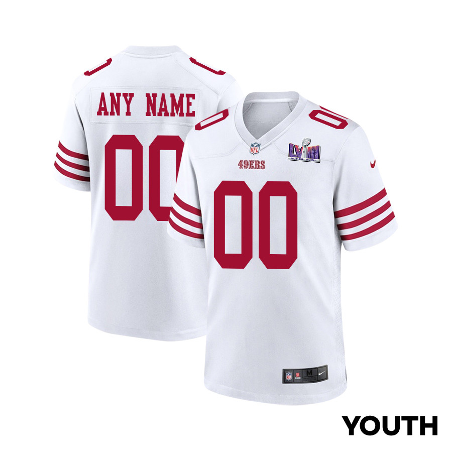 San Francisco 49ers Super Bowl LVIII Patch Game Custom White NFL Jersey Youth