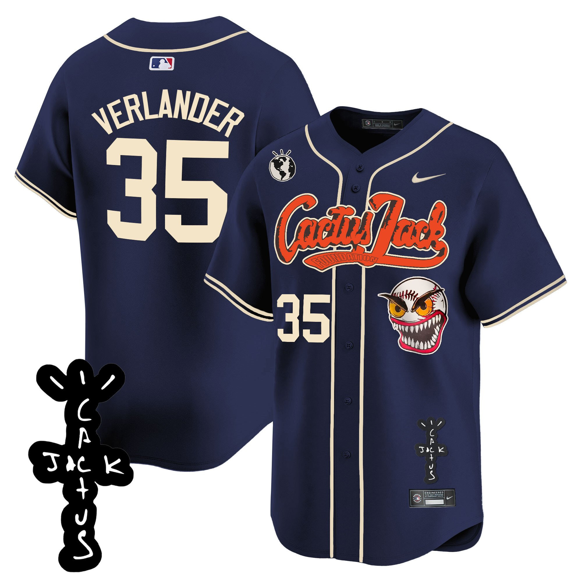 Justin Verlander 35 Houston Astros Cactus Jack Patch V2 Navy MLB Jersey Men's