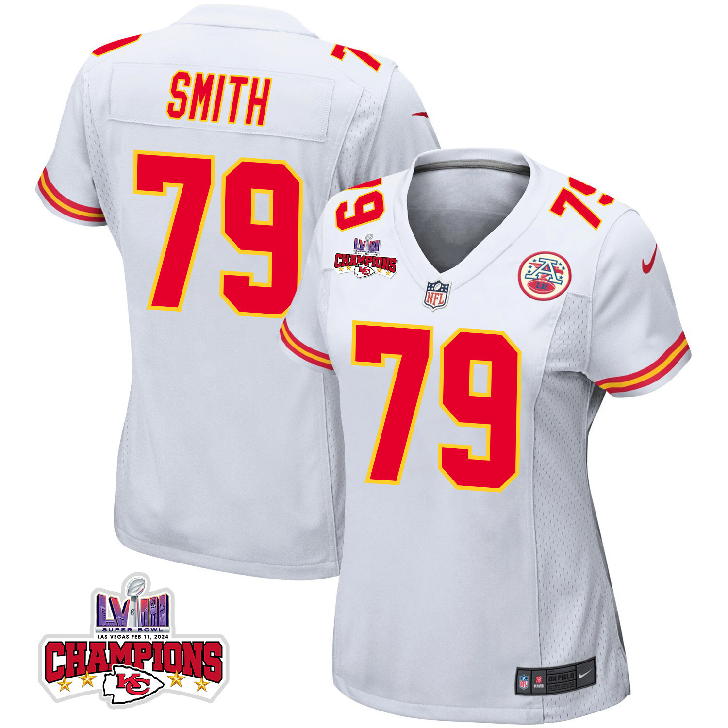 Donovan Smith 79 Kansas City Chiefs Super Bowl LVIII Champions 4 Stars Patch Game White NFL Jersey Women's