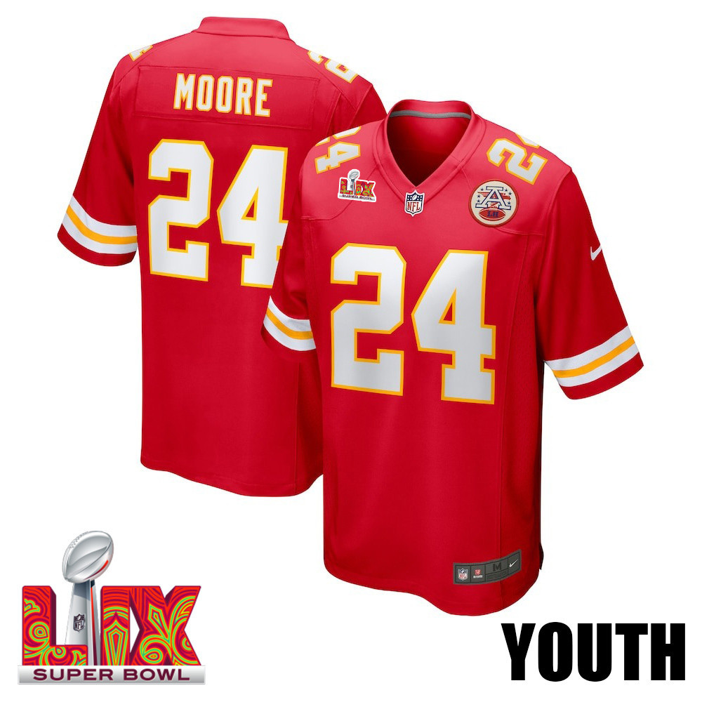 Skyy Moore #24 Kansas City Chiefs Super Bowl LIX Red NFL Jersey Youth