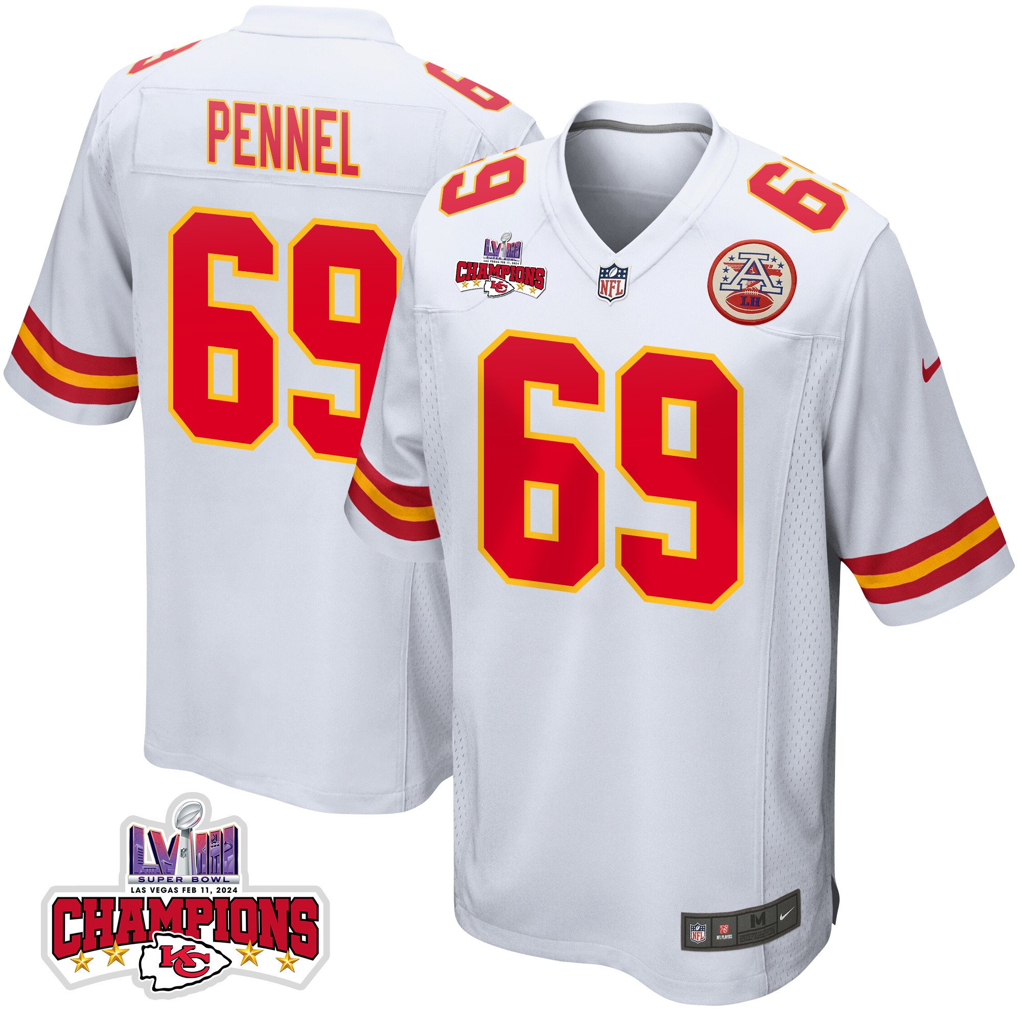 Mike Pennel 69 Kansas City Chiefs Super Bowl LVIII Champions 4 Stars Patch Game White NFL Jersey Men's