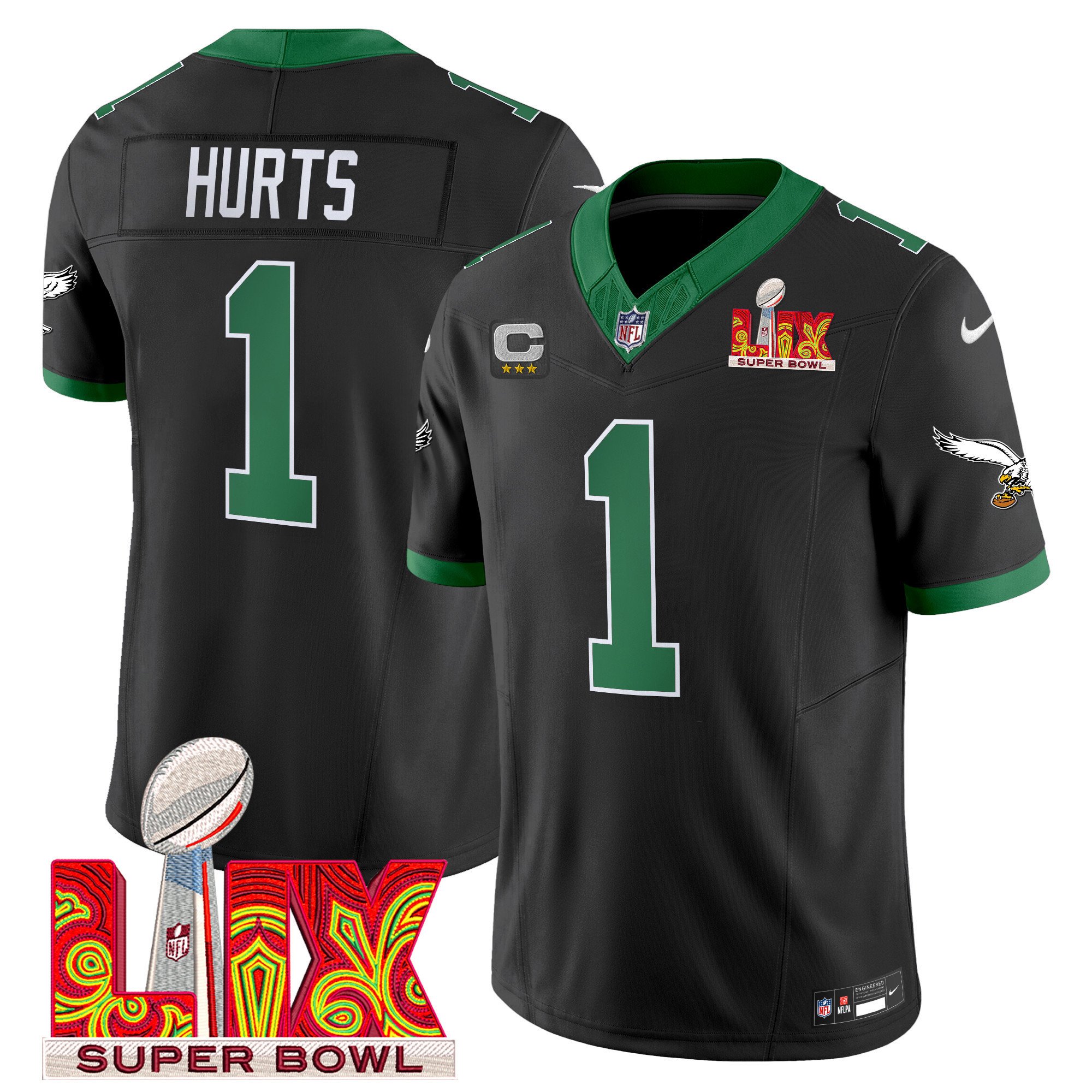 Jalen Hurts 1 Philadelphia Eagles Kelly Green Super Bowl Champions LIX Patch Vapor Limited Black NFL Jersey Men's