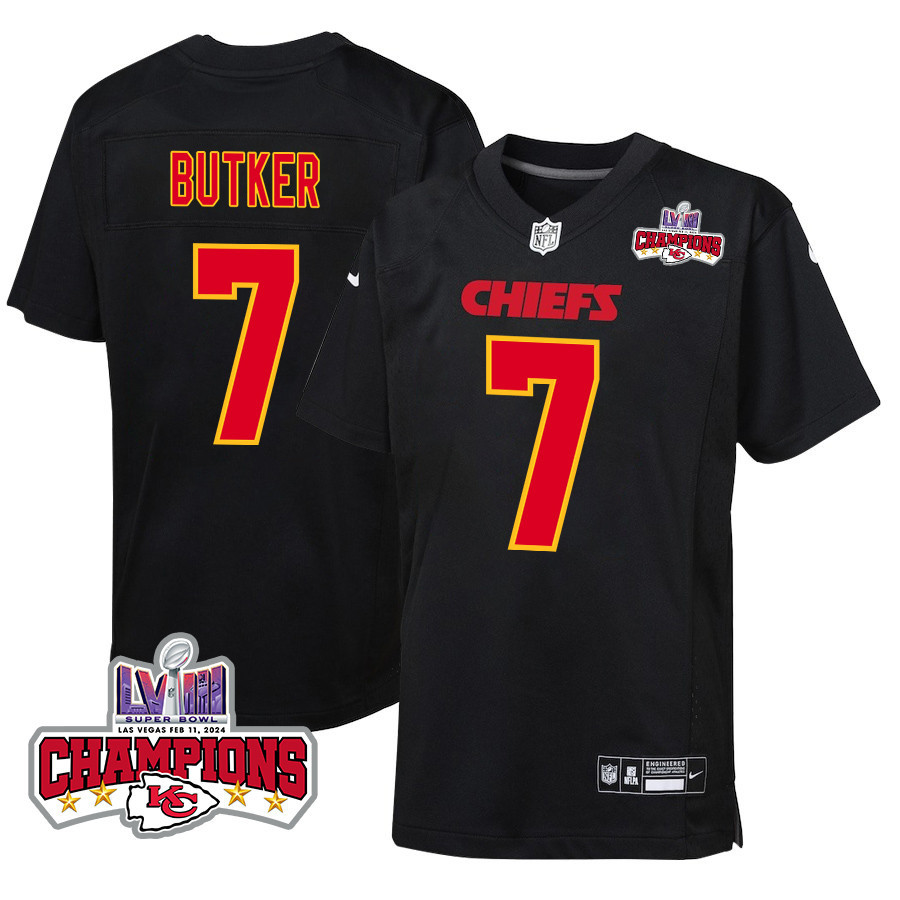 Harrison Butker 7 Kansas City Chiefs Super Bowl LVIII Champions 4 Stars Patch Fashion Game Carbon Black NFL Jersey Youth