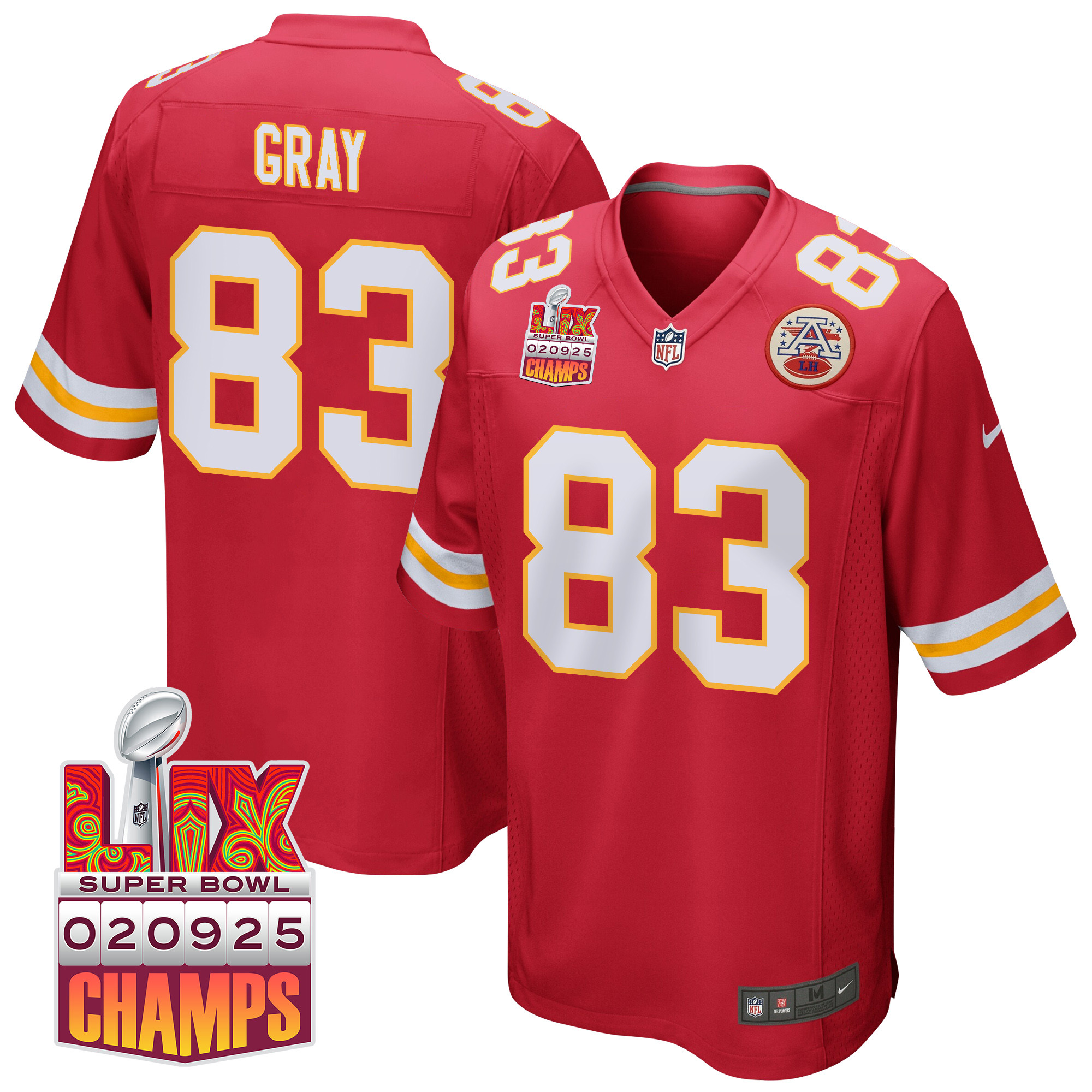 Noah Gray 83 Kansas City Chiefs Super Bowl LIX Champions Patch Game Red NFL Jersey Men's