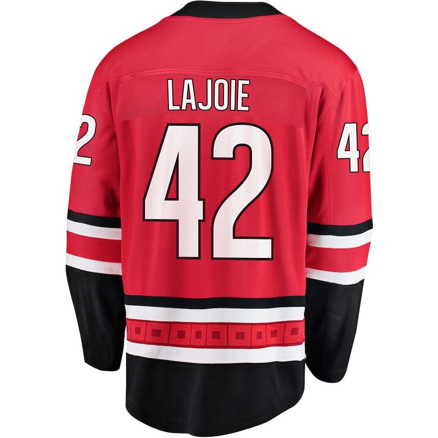 Maxime Lajoie 42 Carolina Hurricanes Stanley Cup 2023 Playoffs Patch Home Breakaway Red NHL Jersey Men's