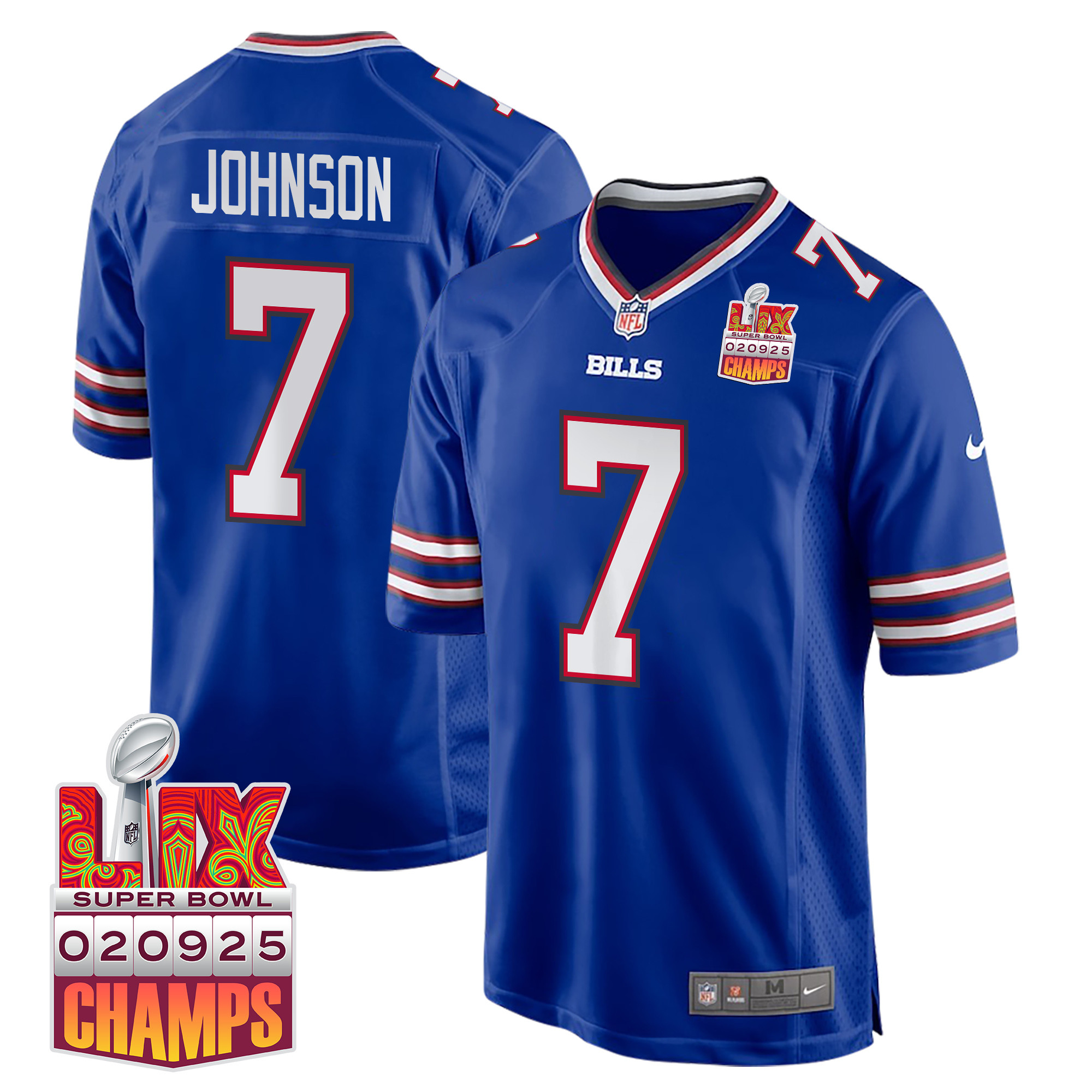 Taron Johnson 7 Buffalo Bills Super Bowl LIX Champions Patch Game Royal NFL Jersey Men's