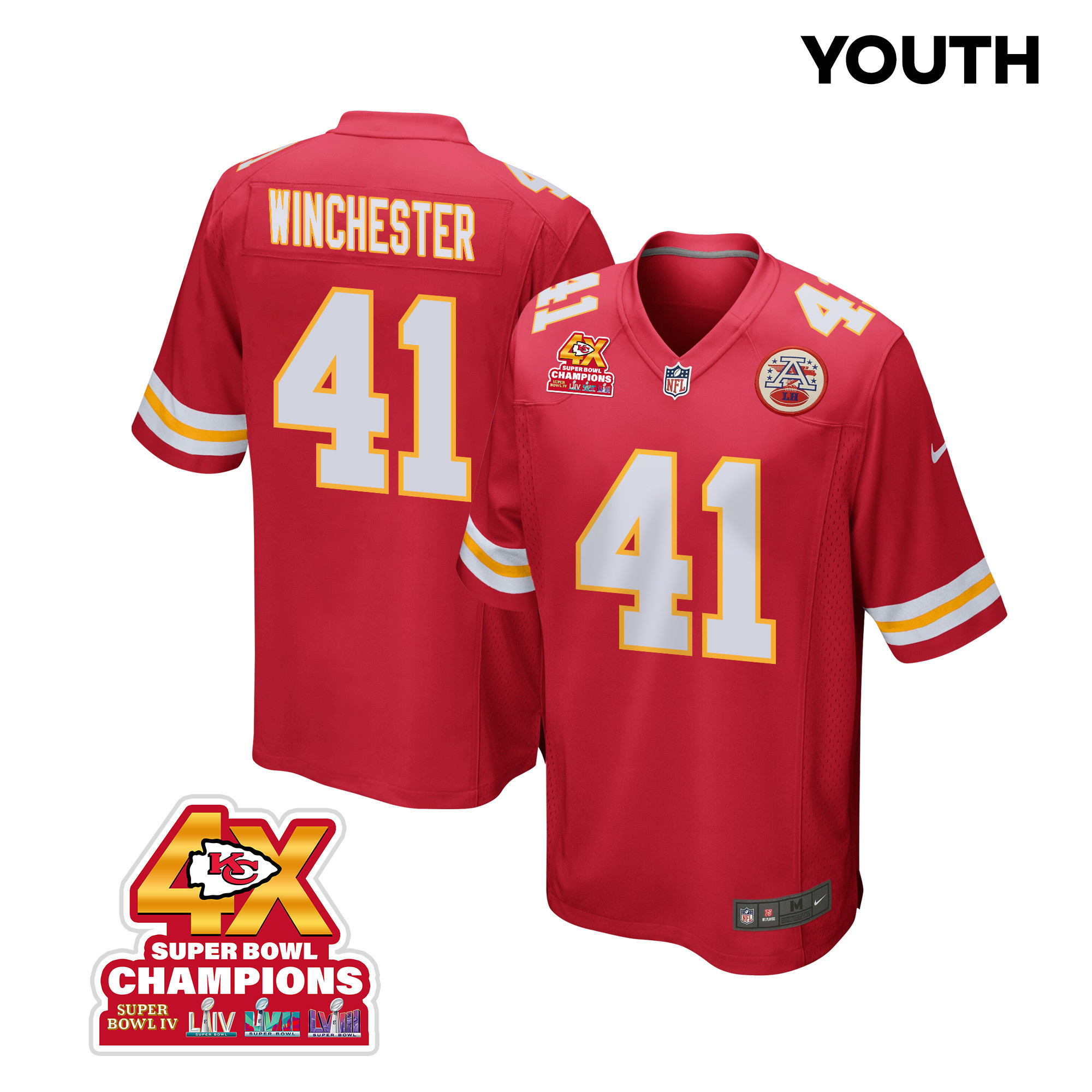 James Winchester 41 Kansas City Chiefs Super Bowl LVIII Champions 4X Game Red NFL Jersey Youth