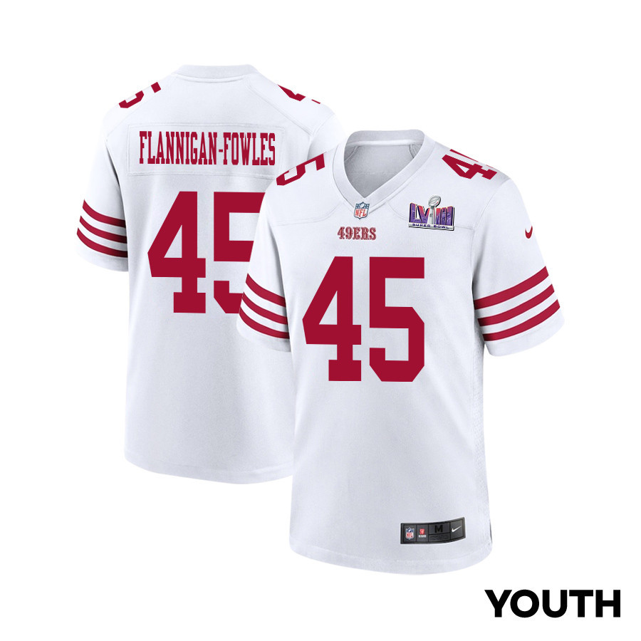 Demetrius Flannigan-Fowles 45 San Francisco 49ers Super Bowl LVIII Patch Game White NFL Jersey Youth